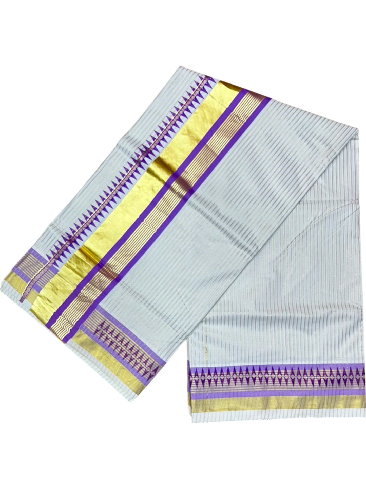 Southloom Kerala Cotton Kasavu Saree with Stripes on Body and Temple print on Border in Lavender SL512