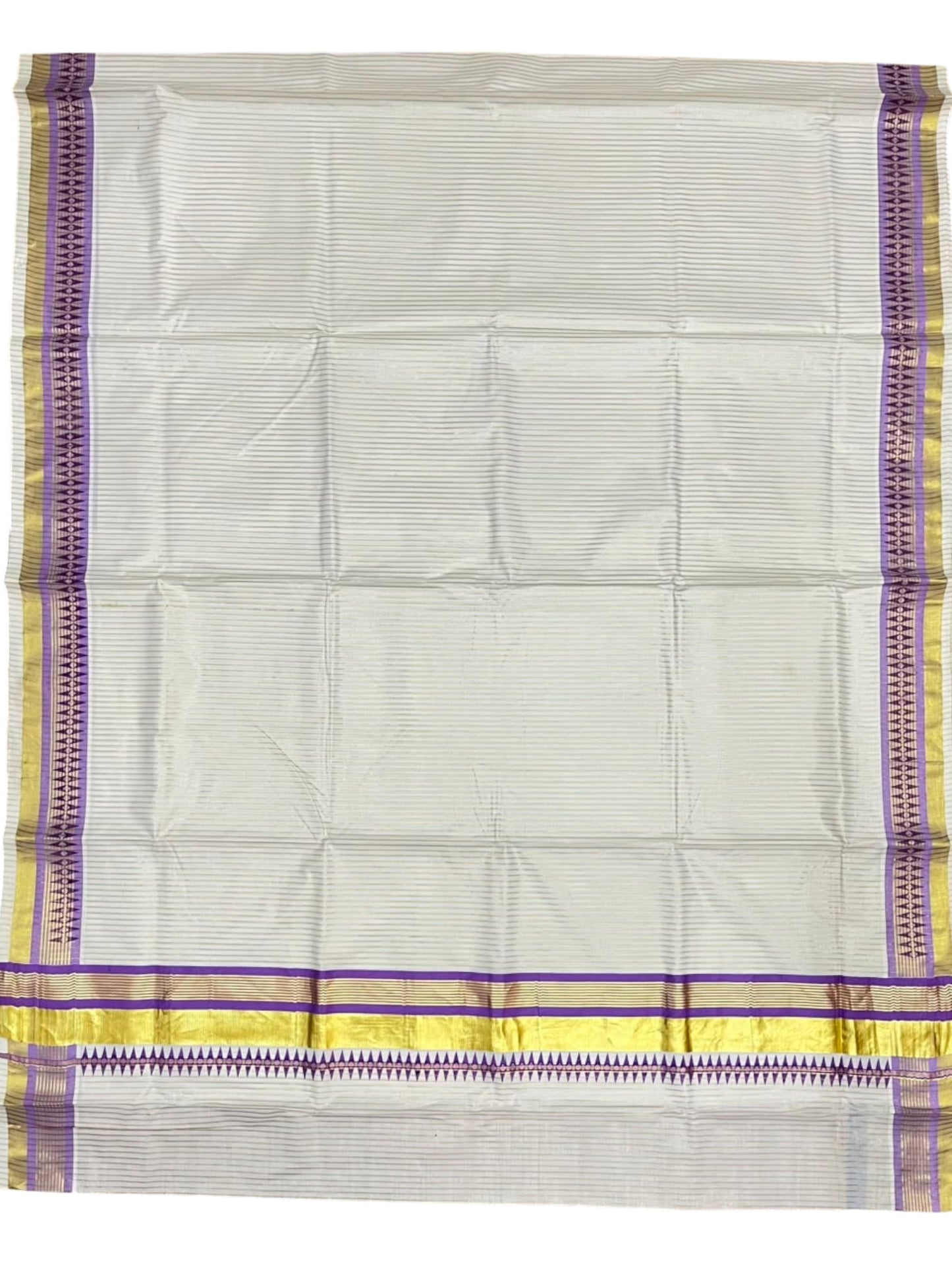 Southloom Kerala Cotton Kasavu Saree with Stripes on Body and Temple print on Border in Lavender SL512