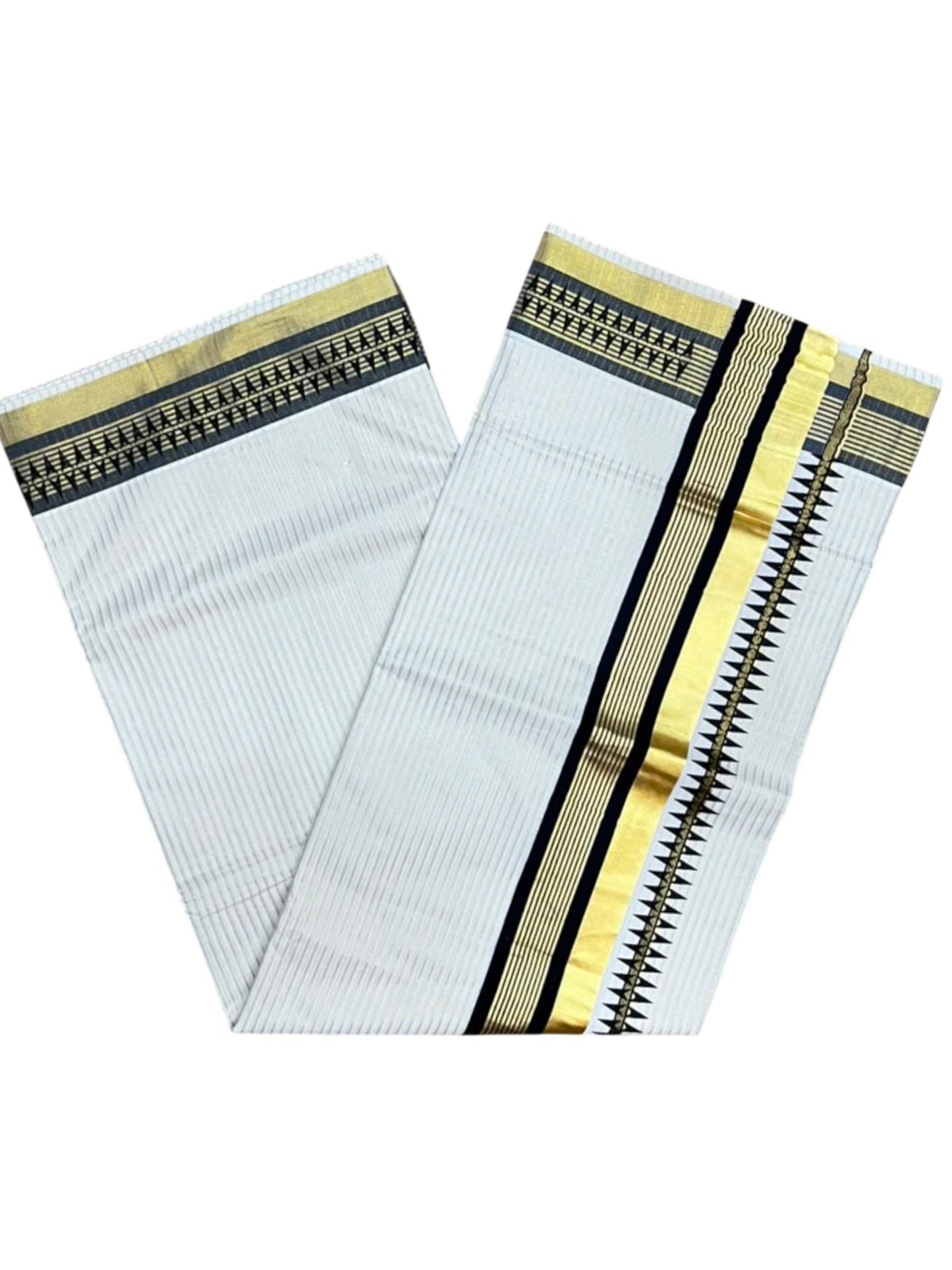 Southloom Kerala Cotton Kasavu Saree with Stripes on Body and Temple Print on Border in Black SL512