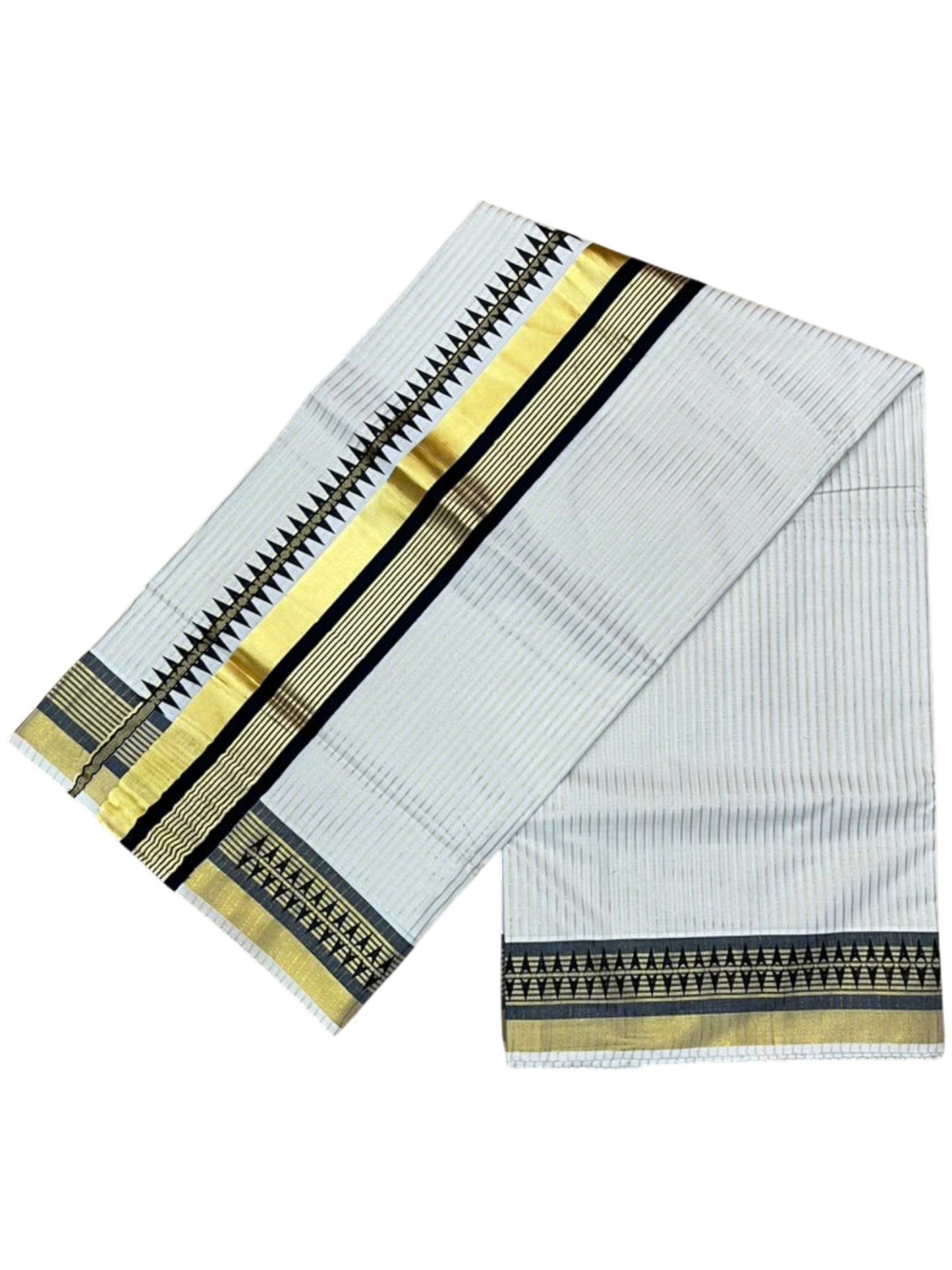 Southloom Kerala Cotton Kasavu Saree with Stripes on Body and Temple Print on Border in Black SL512