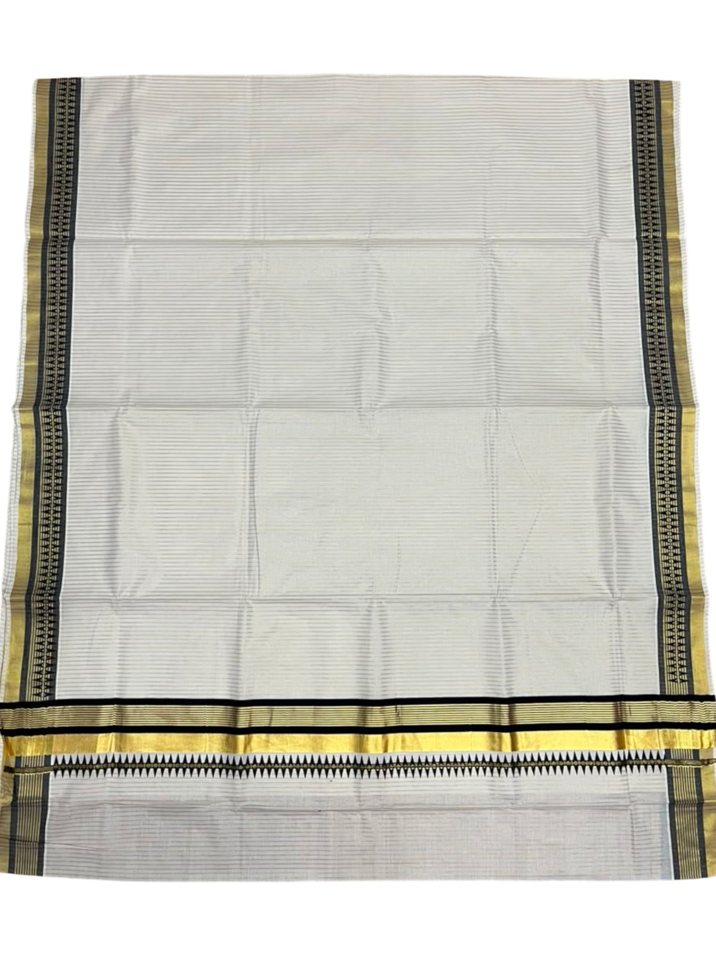 Southloom Kerala Cotton Kasavu Saree with Stripes on Body and Temple Print on Border in Black SL512