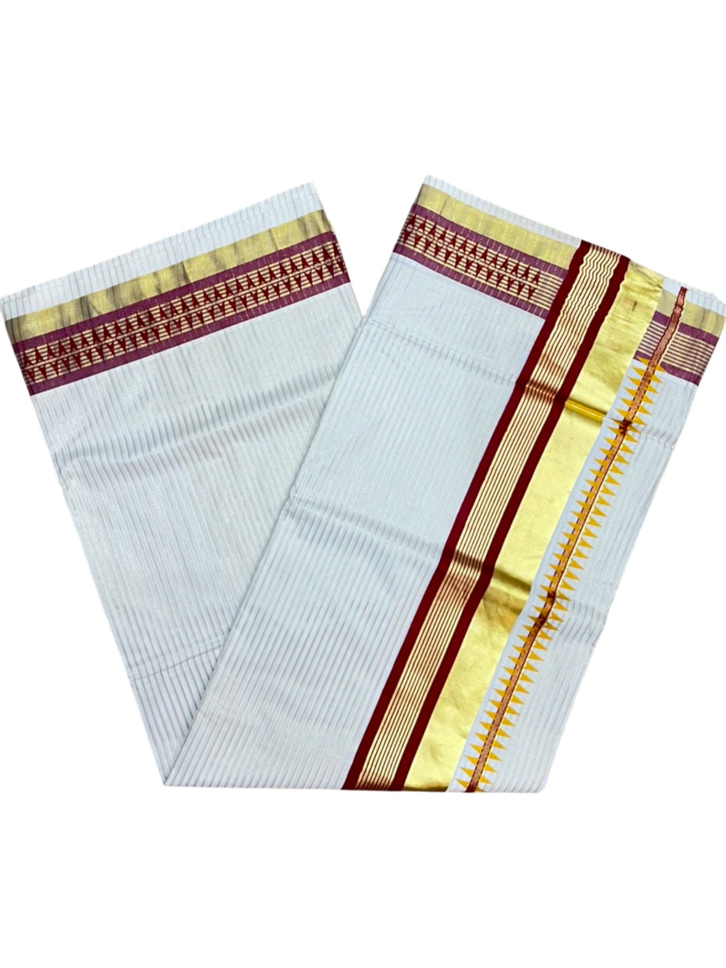 Southloom Kerala Cotton Kasavu Saree with Stripes on Body and Temple Print on Border in Maroon SL512