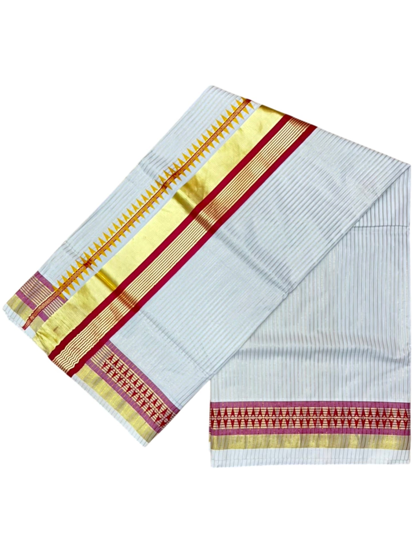 Southloom Kerala Cotton Kasavu Saree with Stripes on Body and Temple Print on Border in Maroon SL512