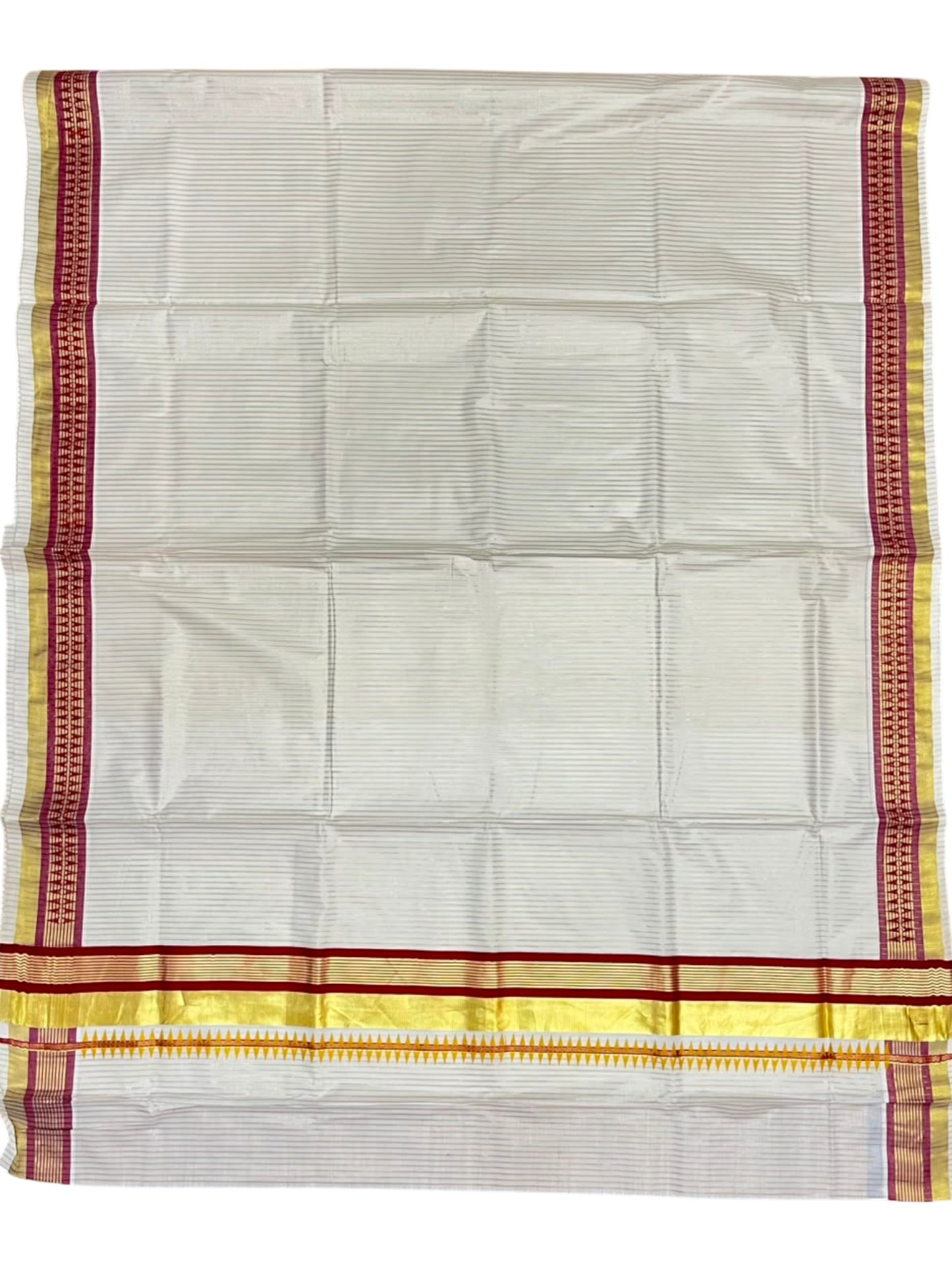 Southloom Kerala Cotton Kasavu Saree with Stripes on Body and Temple Print on Border in Maroon SL512
