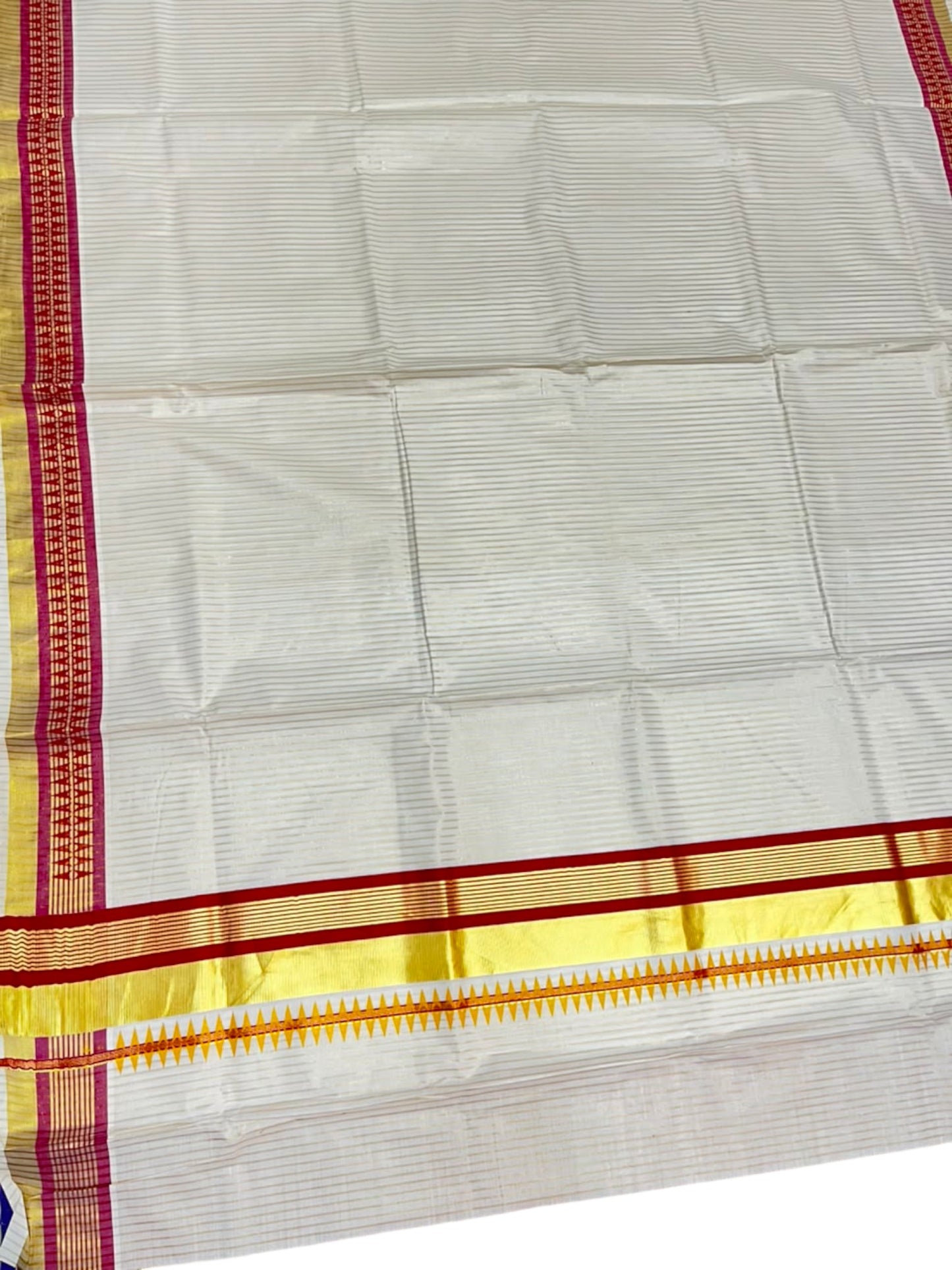 Southloom Kerala Cotton Kasavu Saree with Stripes on Body and Temple Print on Border in Maroon SL512