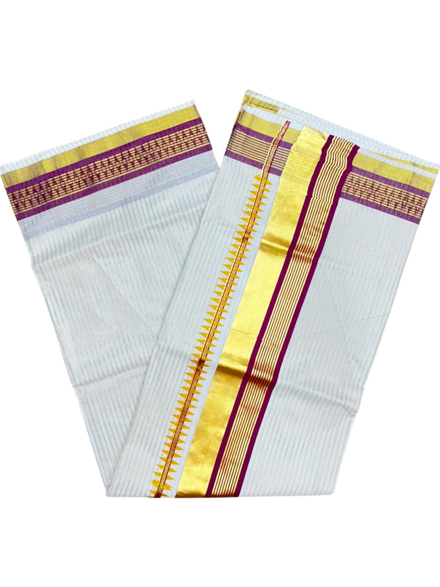 Southloom Kerala Cotton Kasavu Saree with Stripes on Body and Temple Print on Border in Purple SL512