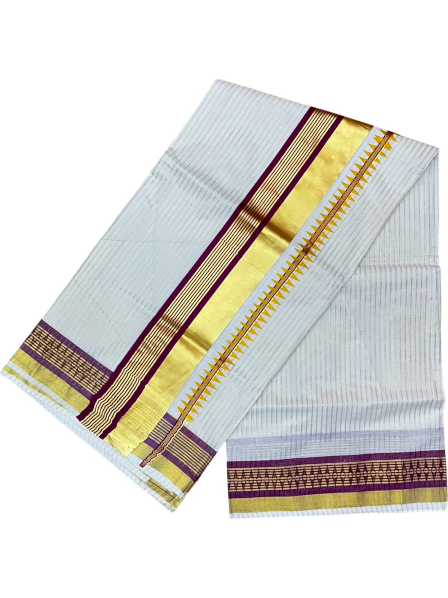 Southloom Kerala Cotton Kasavu Saree with Stripes on Body and Temple Print on Border in Purple SL512