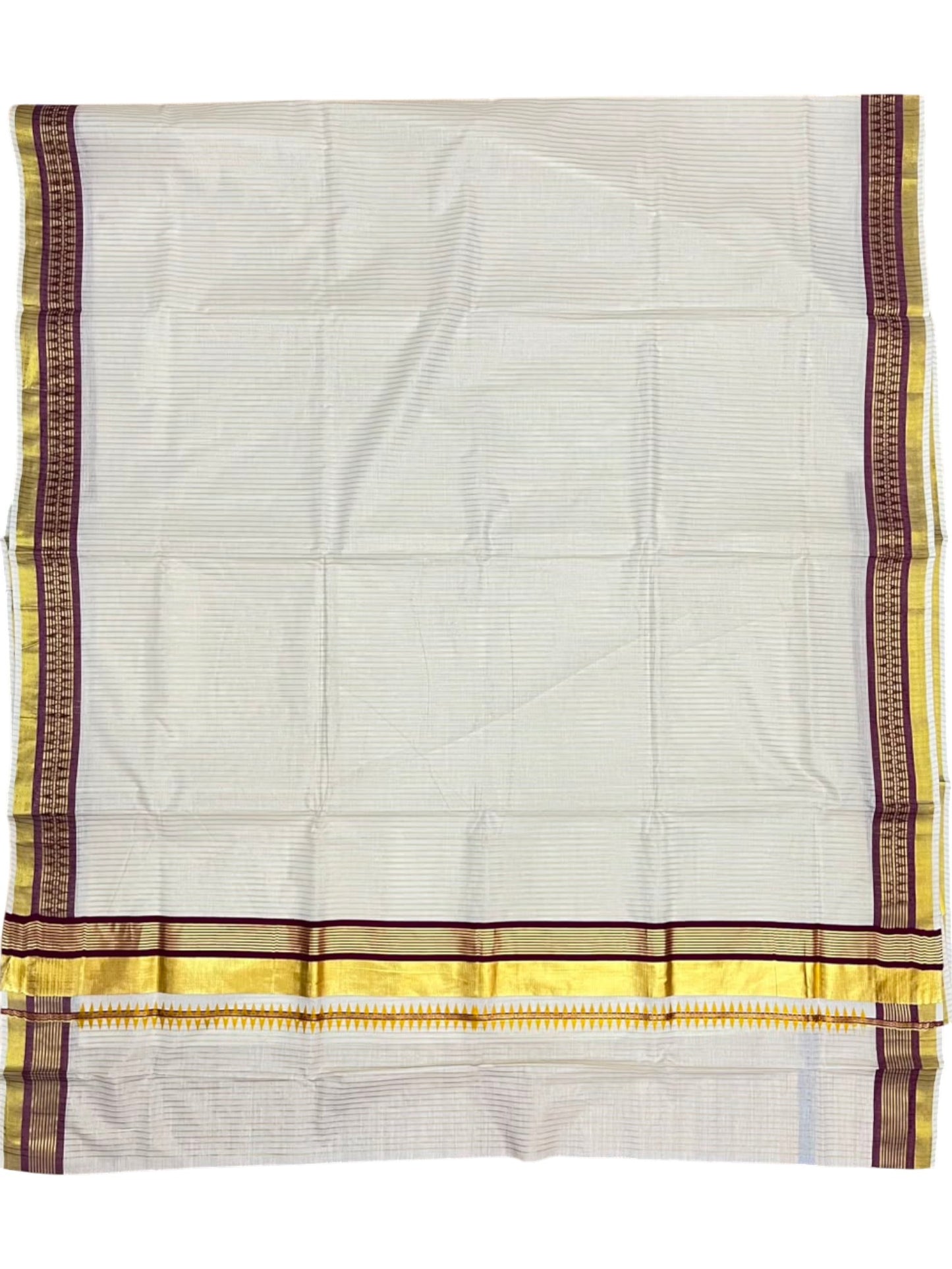 Southloom Kerala Cotton Kasavu Saree with Stripes on Body and Temple Print on Border in Purple SL512