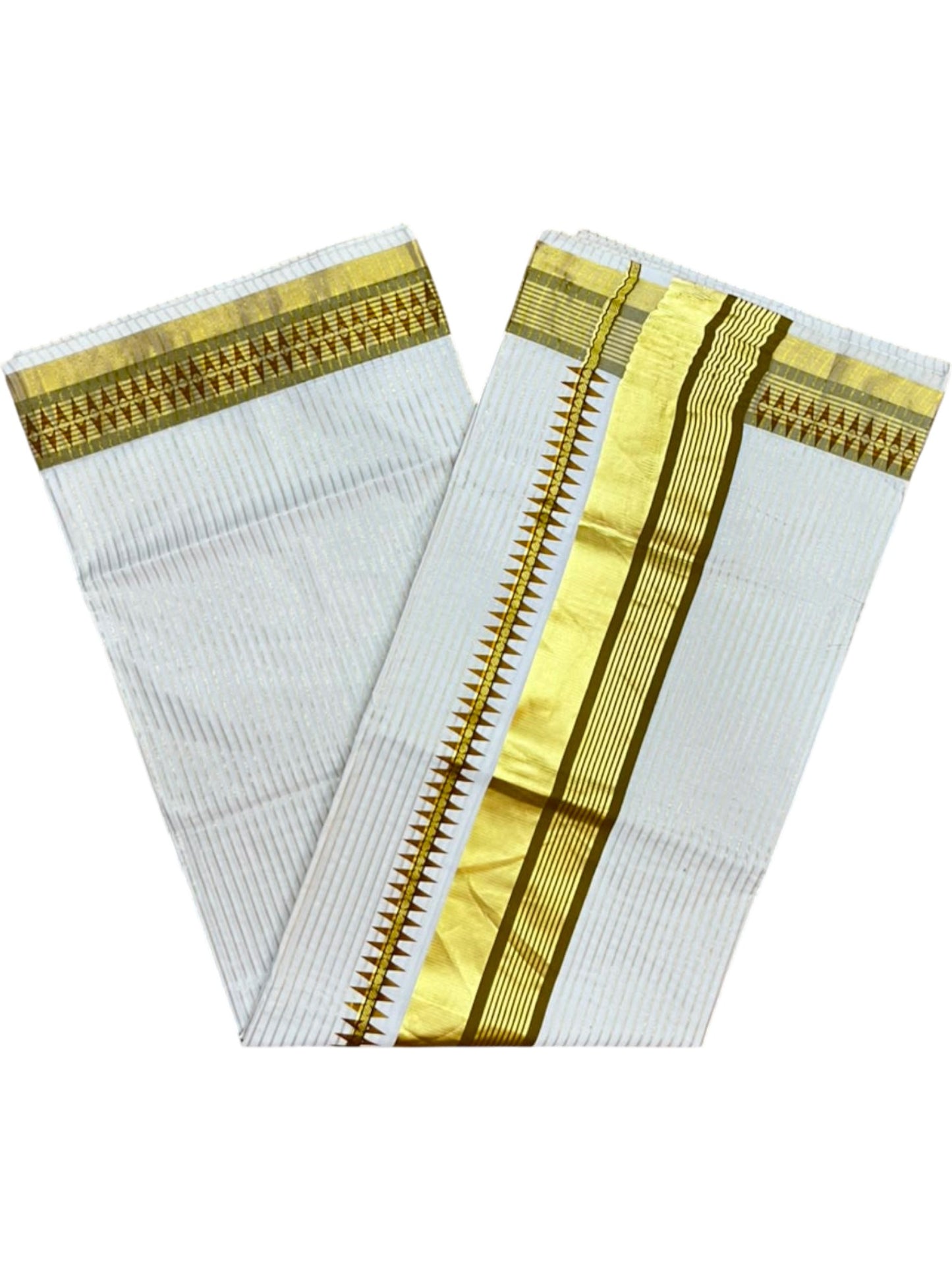 Southloom Kerala Cotton Kasavu Saree with Stripes on Body and Temple Print on Border in Olive Green SL512