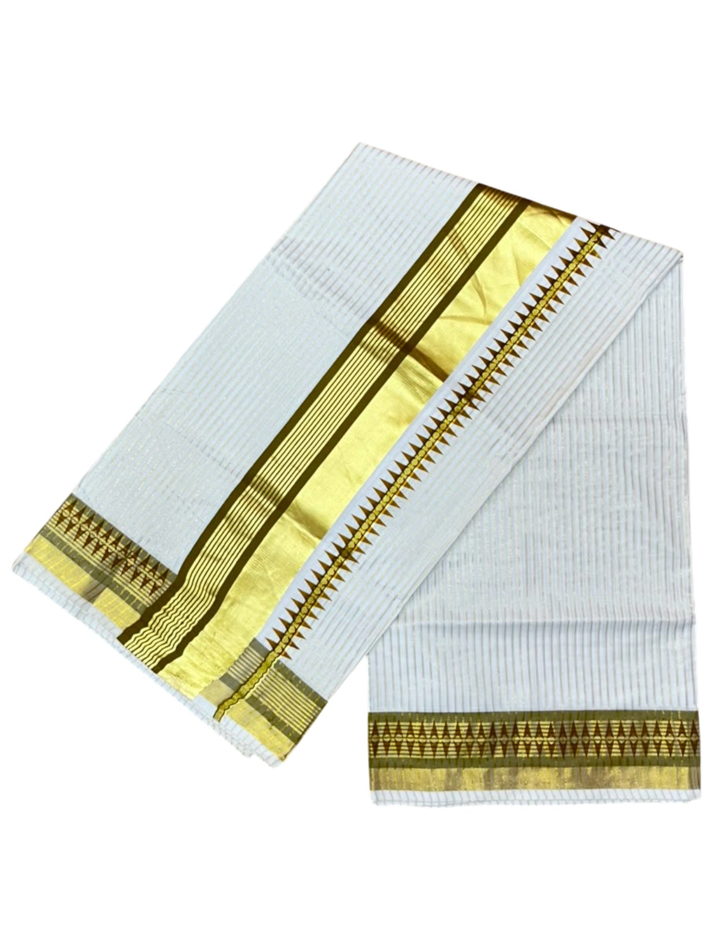 Southloom Kerala Cotton Kasavu Saree with Stripes on Body and Temple Print on Border in Olive Green SL512