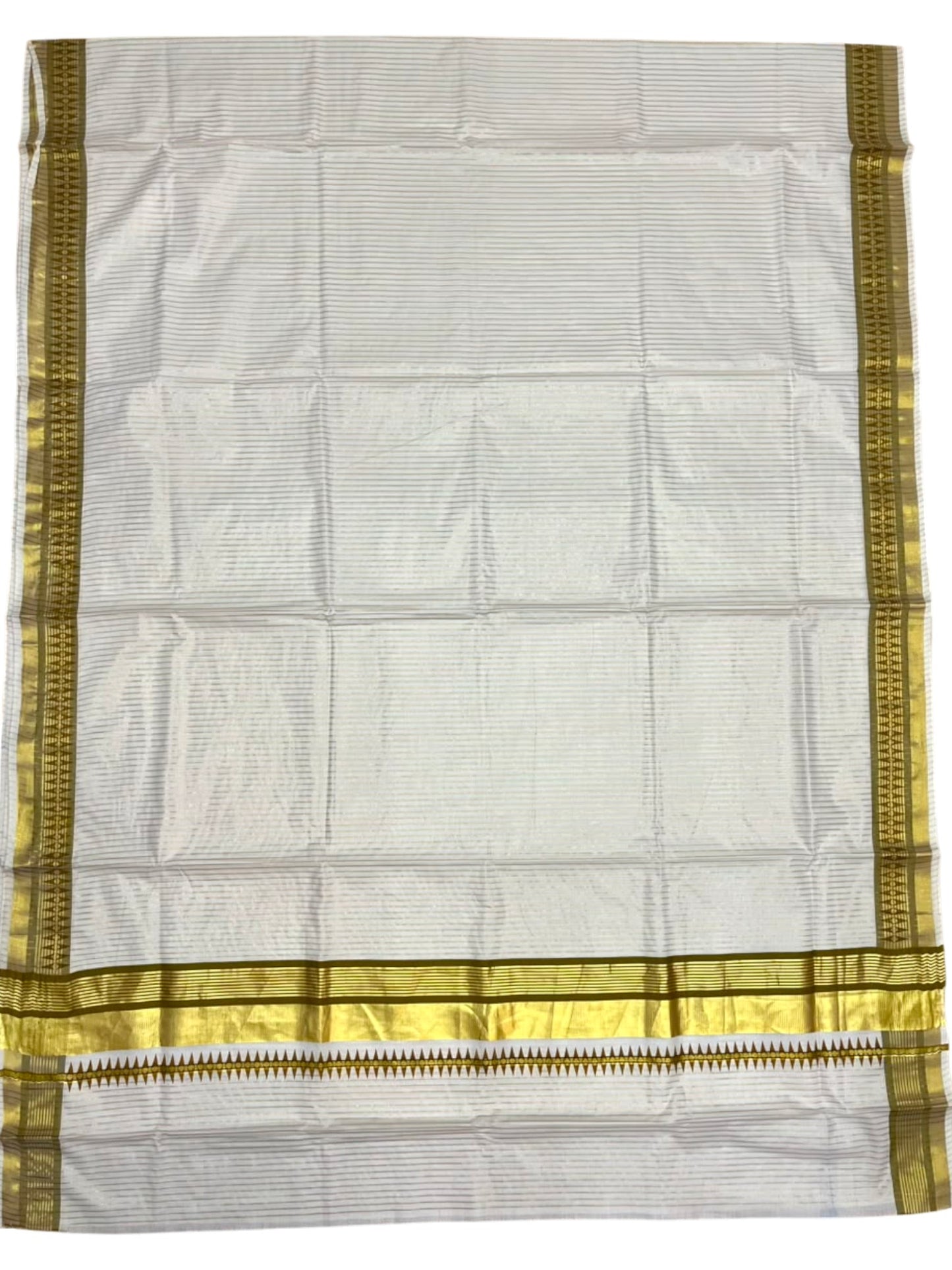Southloom Kerala Cotton Kasavu Saree with Stripes on Body and Temple Print on Border in Olive Green SL512