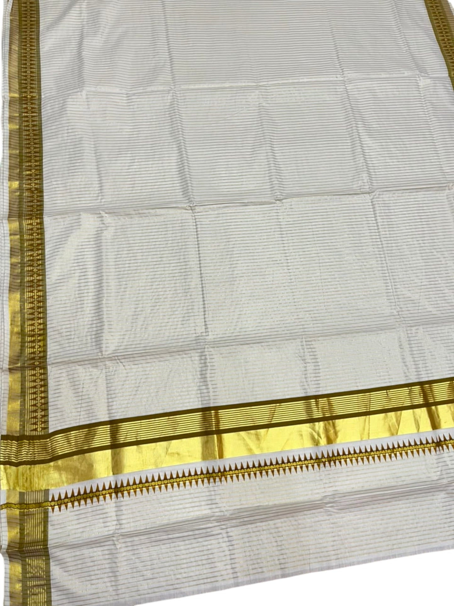 Southloom Kerala Cotton Kasavu Saree with Stripes on Body and Temple Print on Border in Olive Green SL512