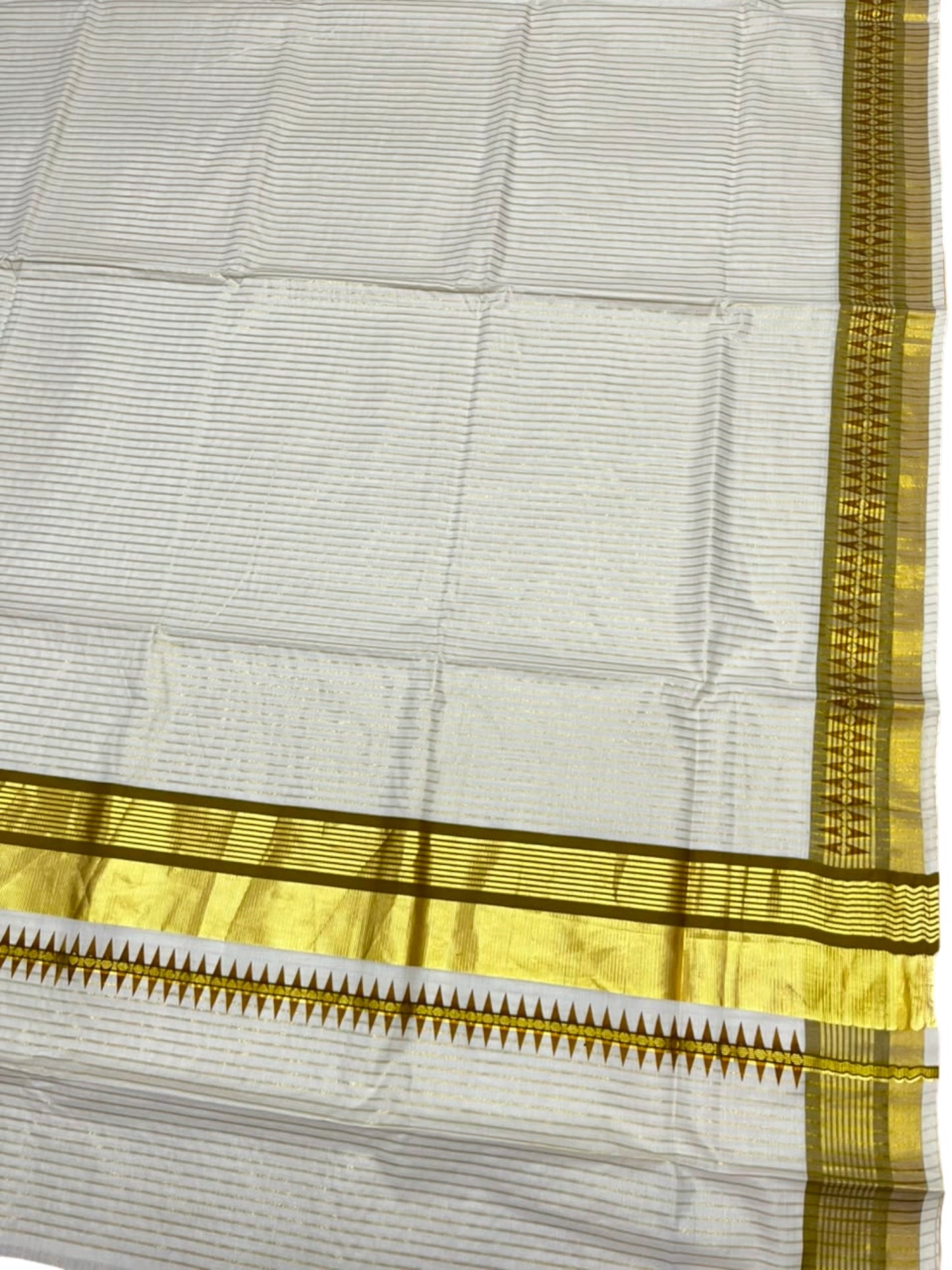 Southloom Kerala Cotton Kasavu Saree with Stripes on Body and Temple Print on Border in Olive Green SL512
