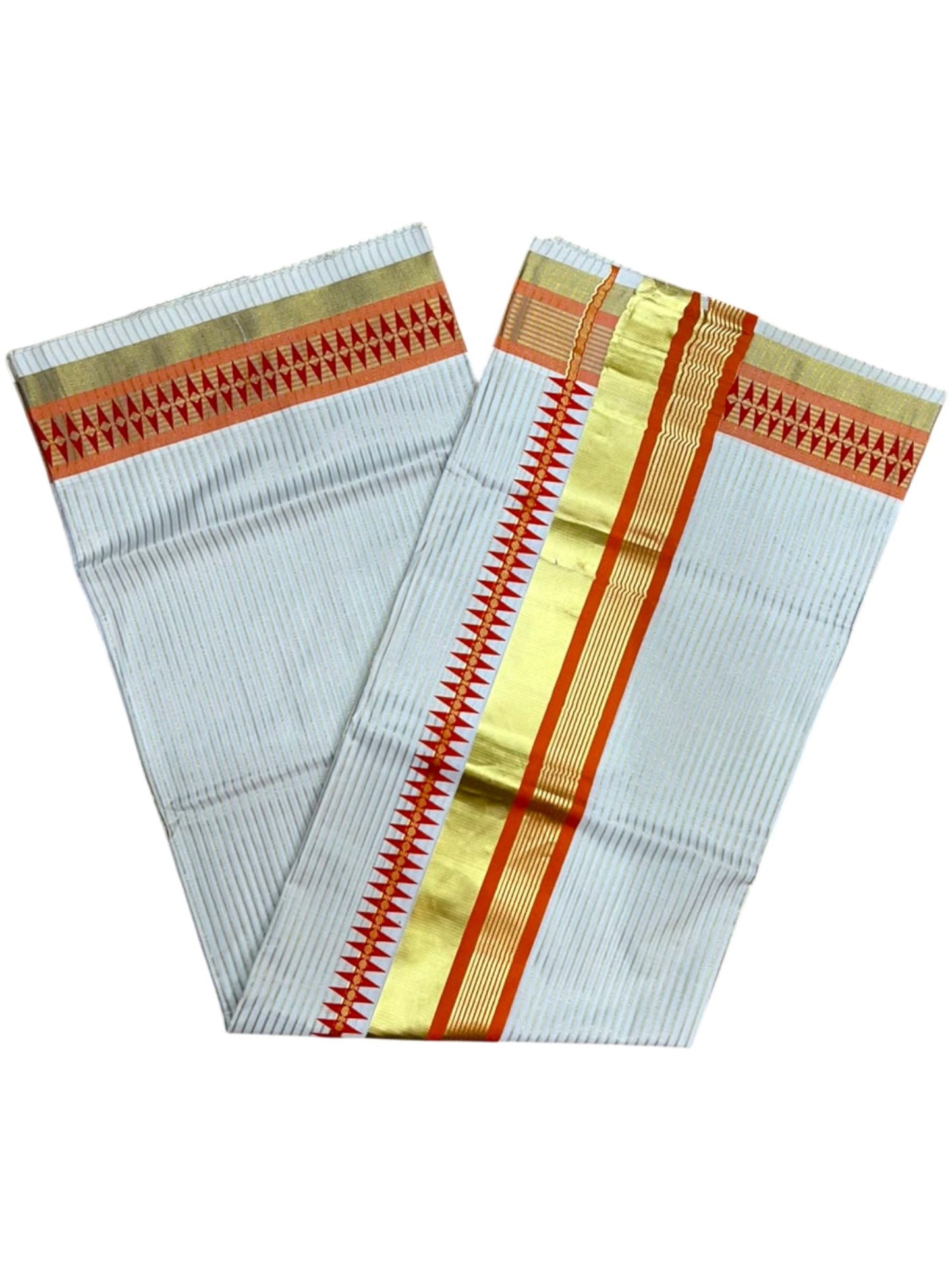 Southloom Kerala Cotton Kasavu Saree with Stripes on Body and Temple Print on Border in Orange SL512