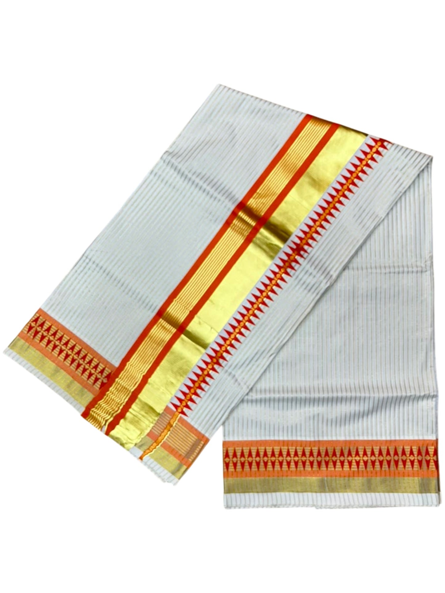 Southloom Kerala Cotton Kasavu Saree with Stripes on Body and Temple Print on Border in Orange SL512