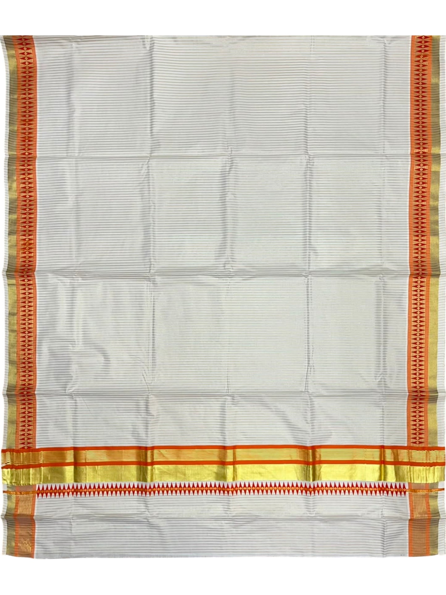 Southloom Kerala Cotton Kasavu Saree with Stripes on Body and Temple Print on Border in Orange SL512