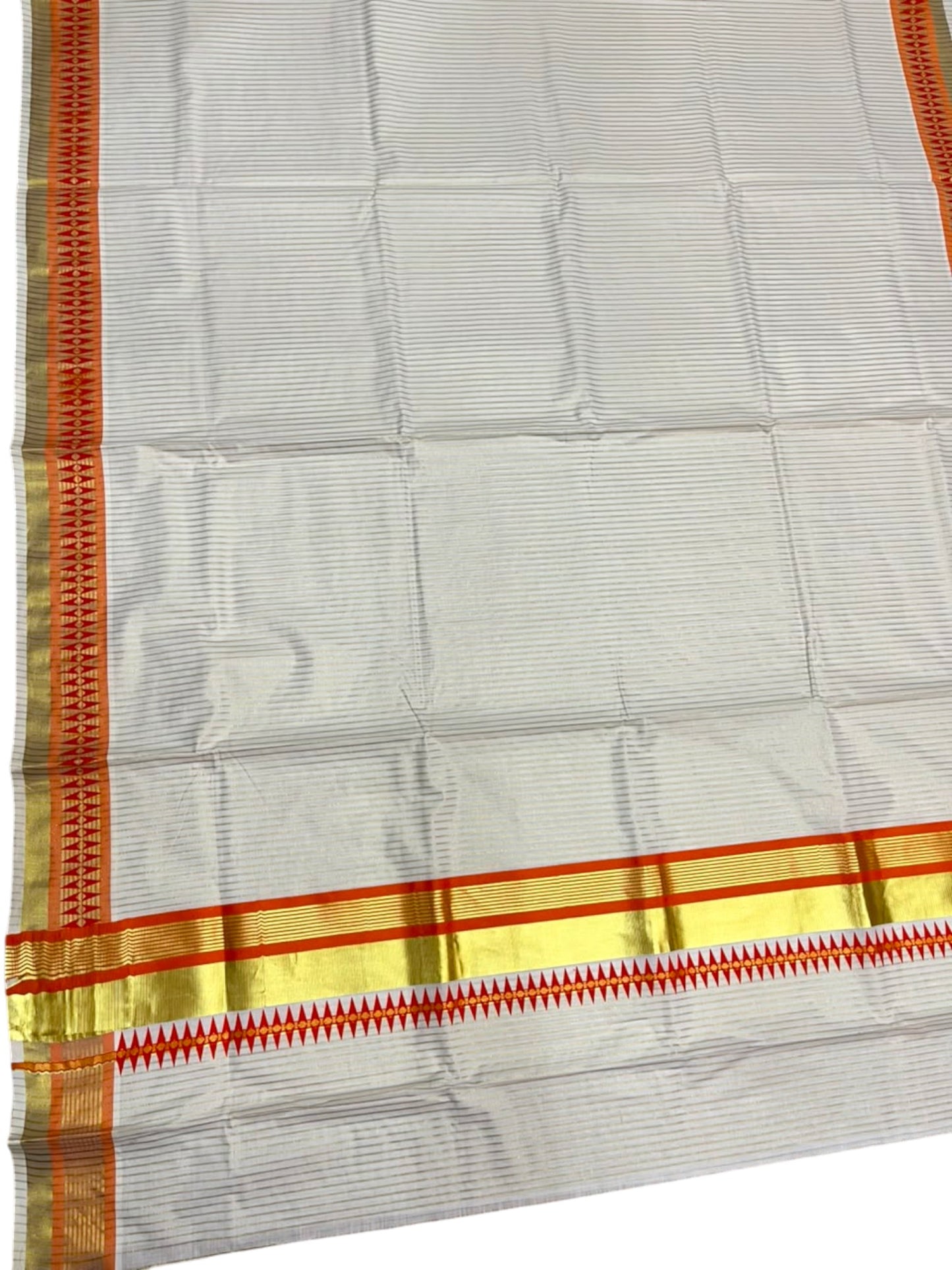 Southloom Kerala Cotton Kasavu Saree with Stripes on Body and Temple Print on Border in Orange SL512