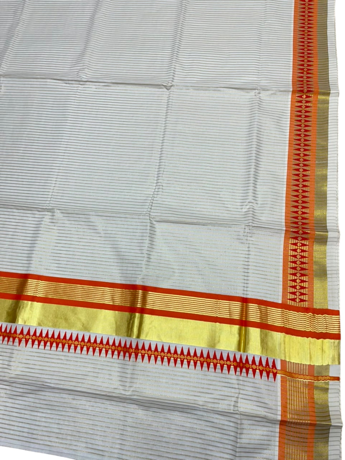 Southloom Kerala Cotton Kasavu Saree with Stripes on Body and Temple Print on Border in Orange SL512