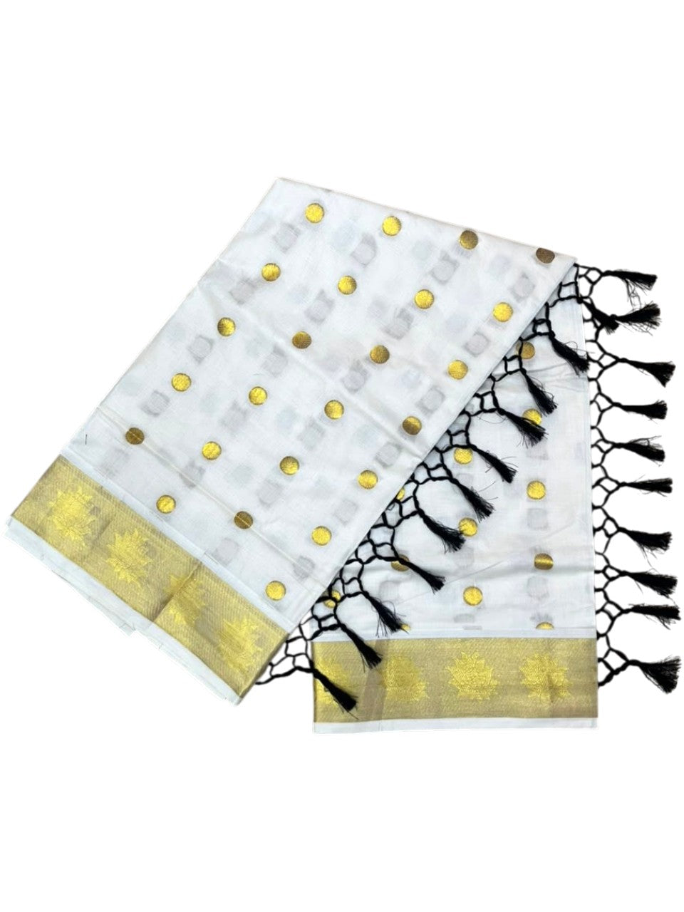 Southloom Kerala Cotton Kasavu Saree with Polka Woven Works on Body and Lotus Border with Black Tassels SL513