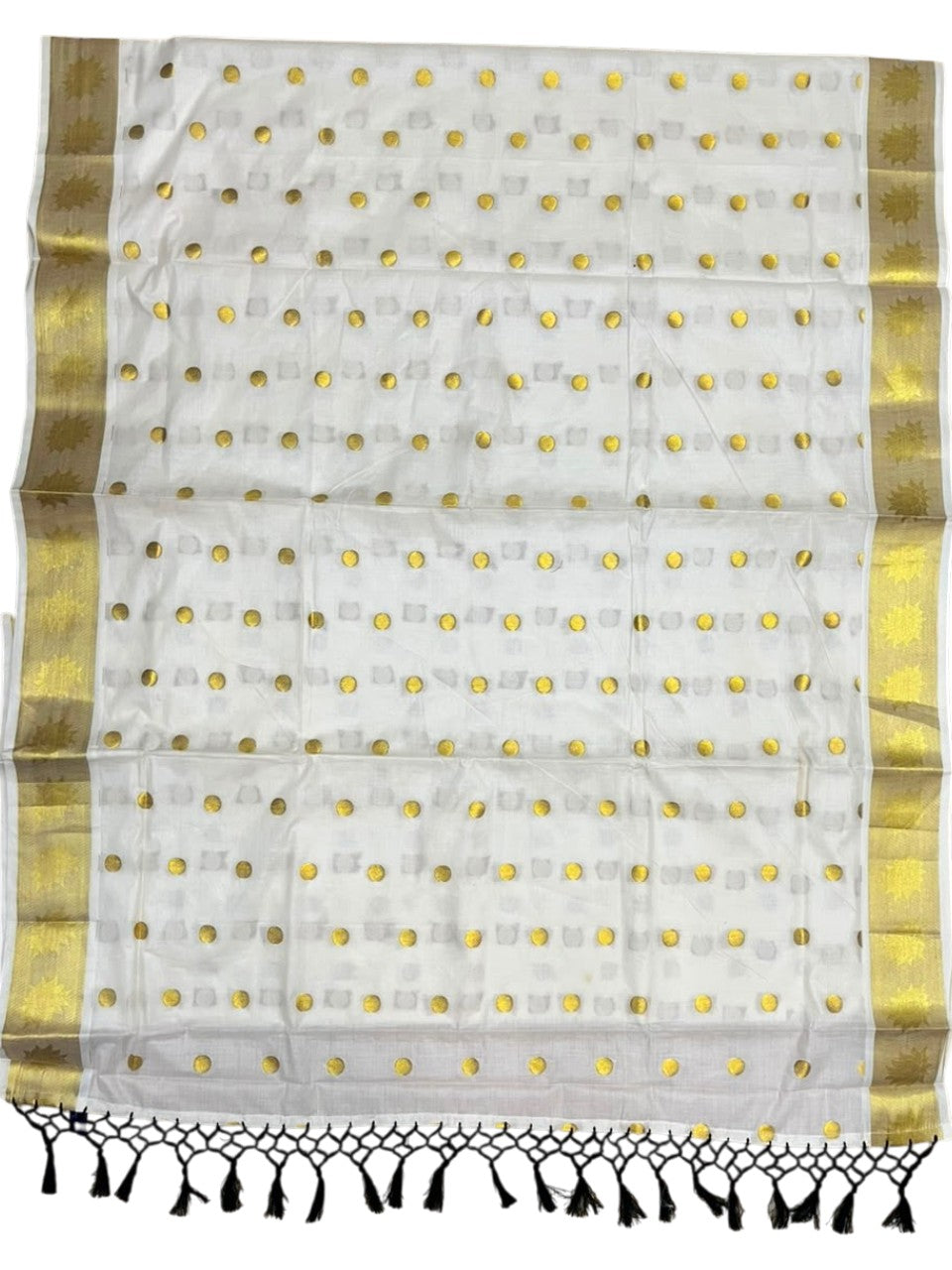Southloom Kerala Cotton Kasavu Saree with Polka Woven Works on Body and Lotus Border with Black Tassels SL513