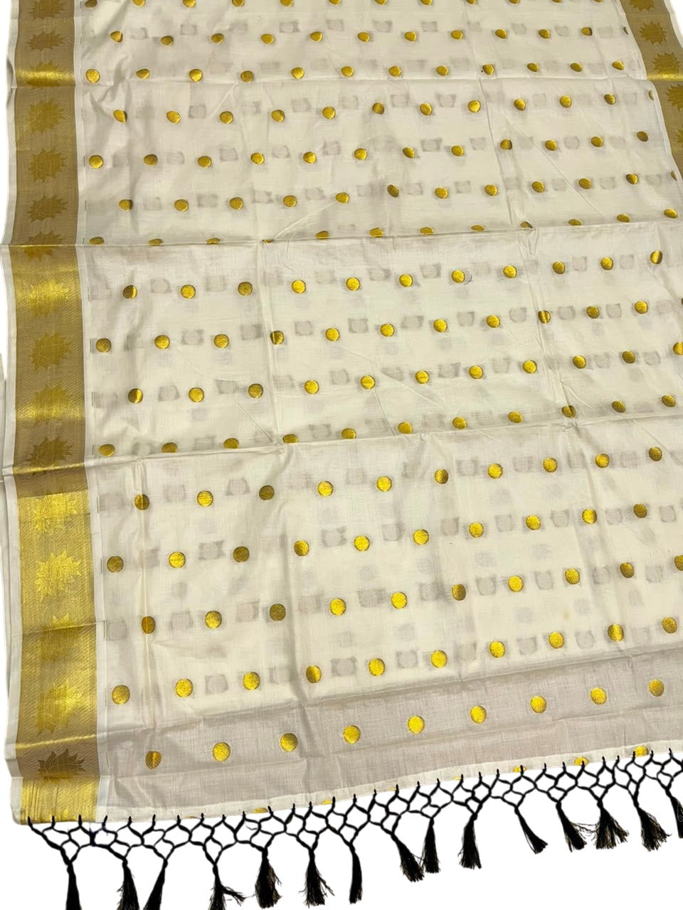 Southloom Kerala Cotton Kasavu Saree with Polka Woven Works on Body and Lotus Border with Black Tassels SL513