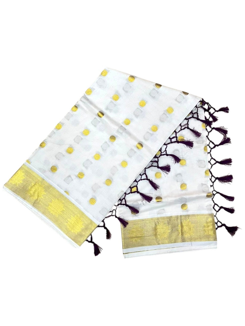 Southloom Kerala Cotton Kasavu Saree with Polka Woven Works on Body and Lotus Border with Purple Tassels SL513