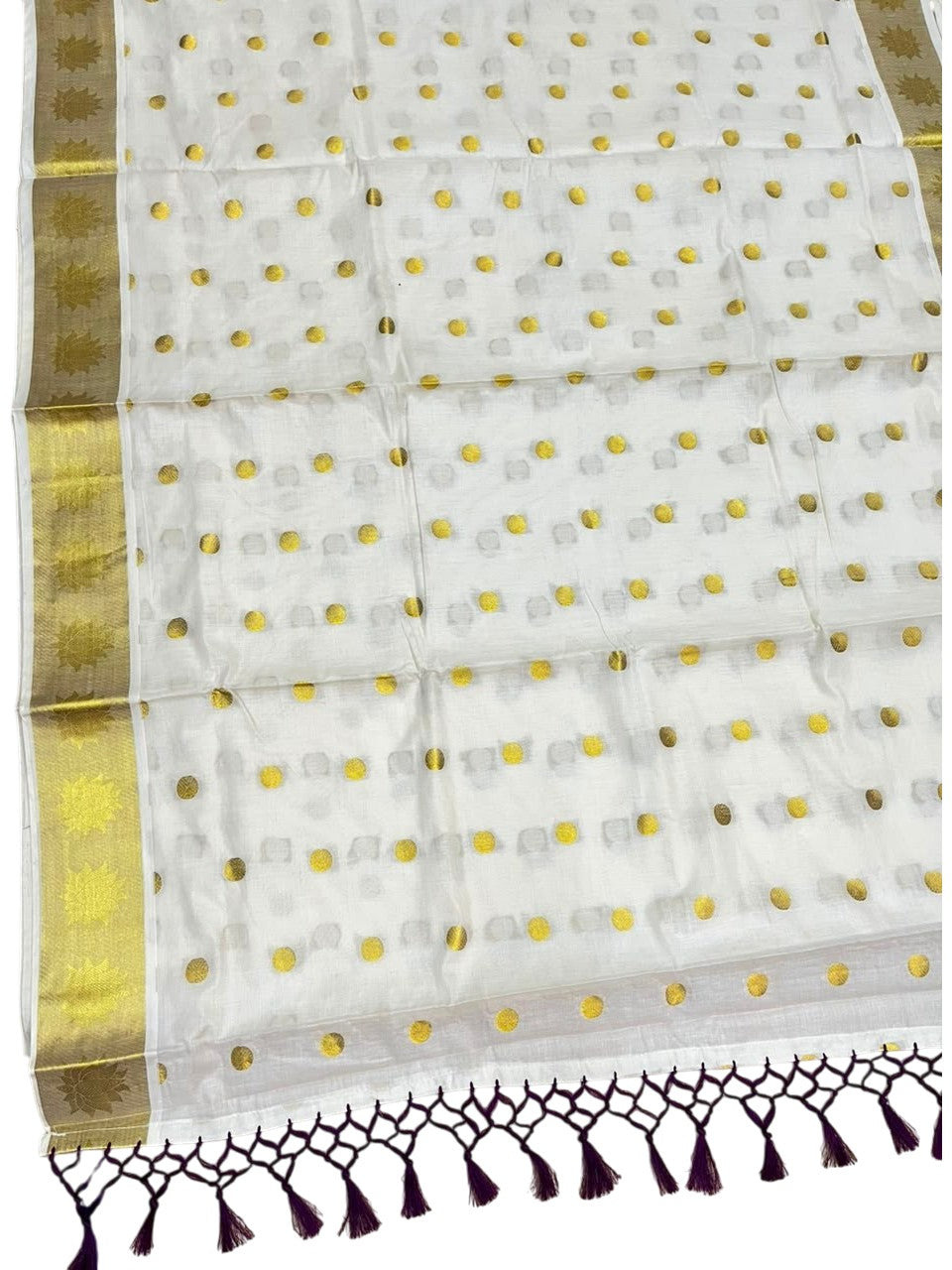 Southloom Kerala Cotton Kasavu Saree with Polka Woven Works on Body and Lotus Border with Purple Tassels SL513