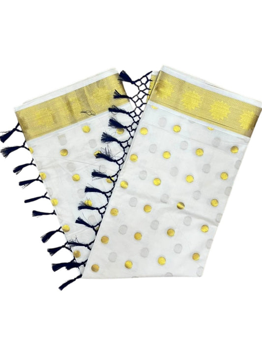 Southloom Kerala Cotton Kasavu Saree with Polka Woven Works on Body and Lotus Border with Blue Tassels SL513