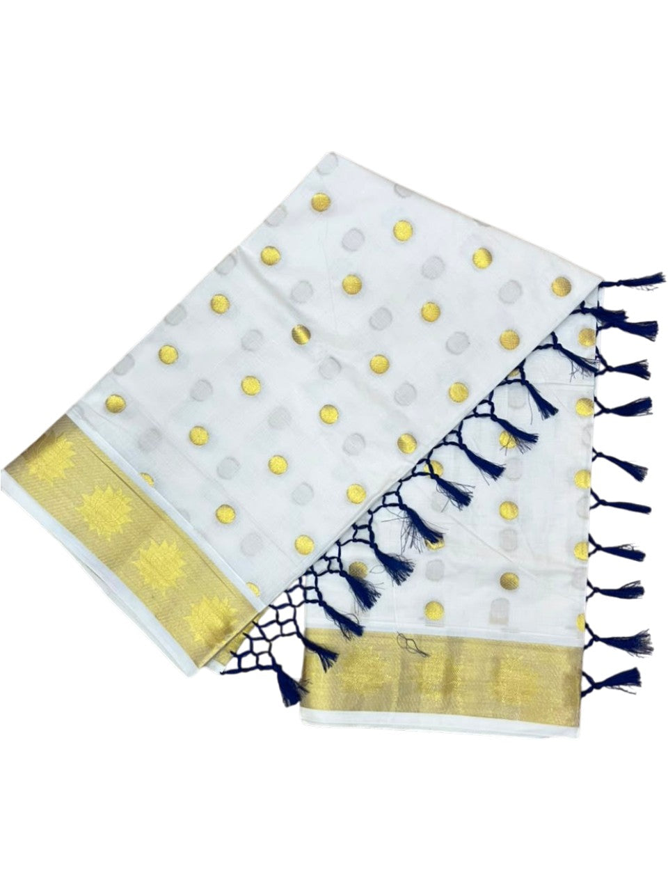 Southloom Kerala Cotton Kasavu Saree with Polka Woven Works on Body and Lotus Border with Blue Tassels SL513