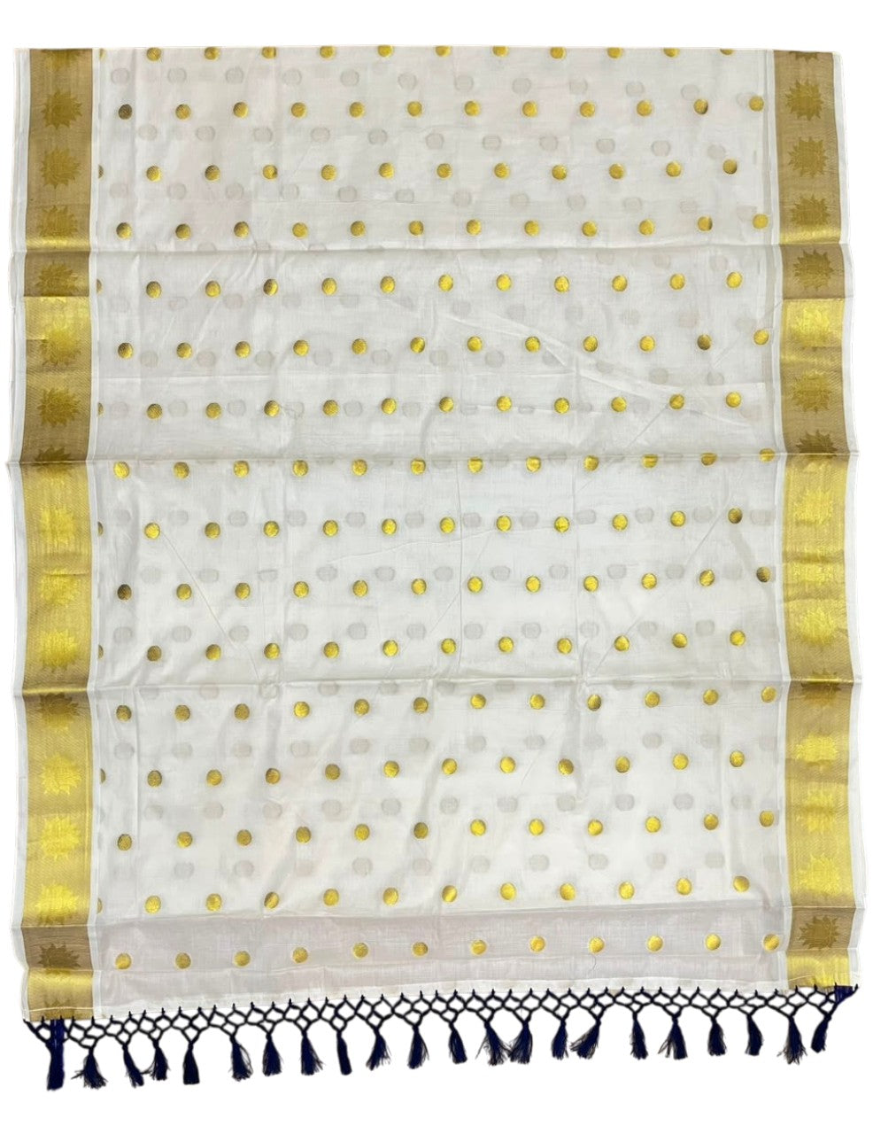 Southloom Kerala Cotton Kasavu Saree with Polka Woven Works on Body and Lotus Border with Blue Tassels SL513