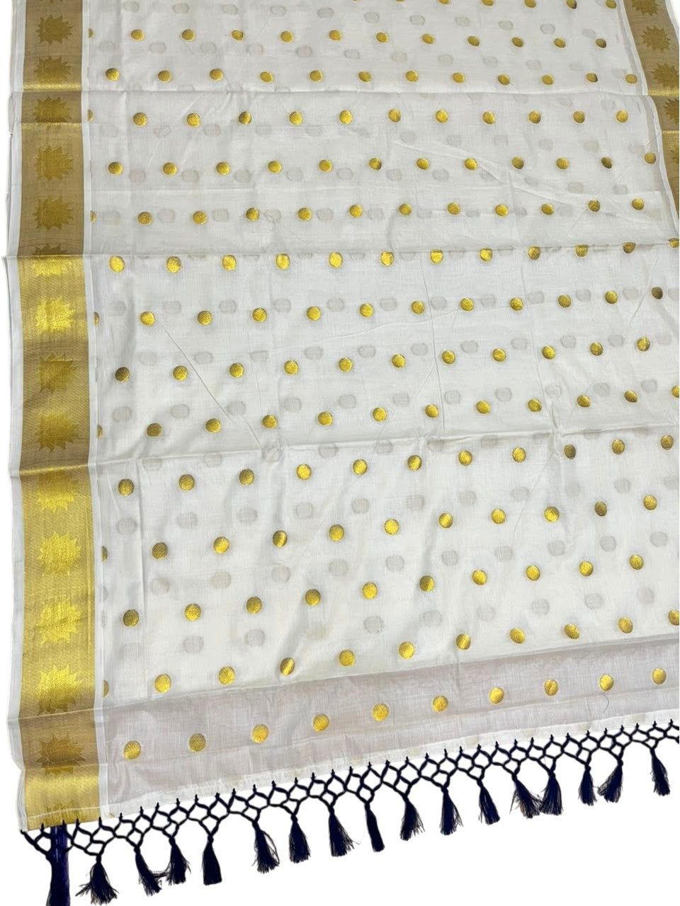 Southloom Kerala Cotton Kasavu Saree with Polka Woven Works on Body and Lotus Border with Blue Tassels SL513