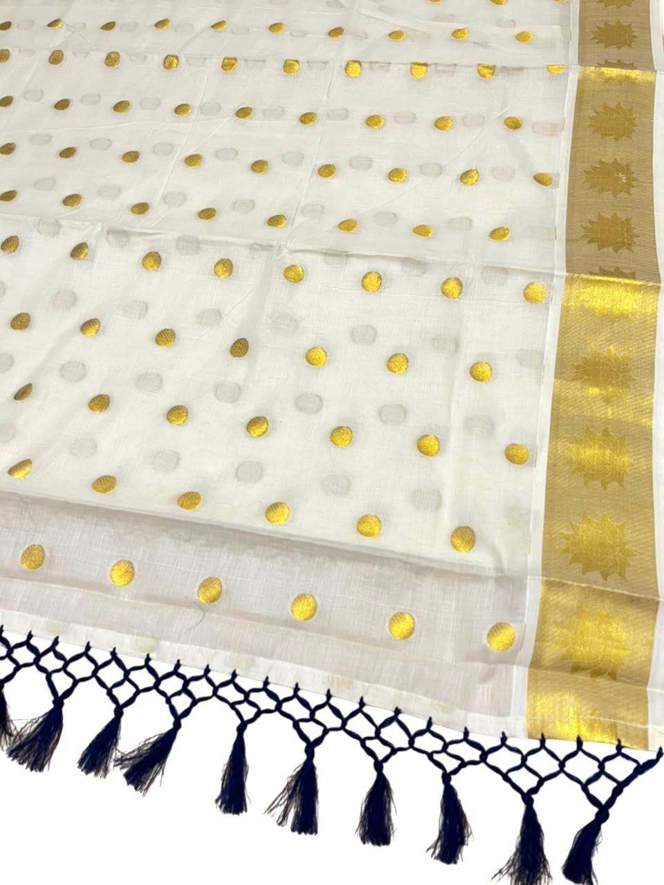 Southloom Kerala Cotton Kasavu Saree with Polka Woven Works on Body and Lotus Border with Blue Tassels SL513