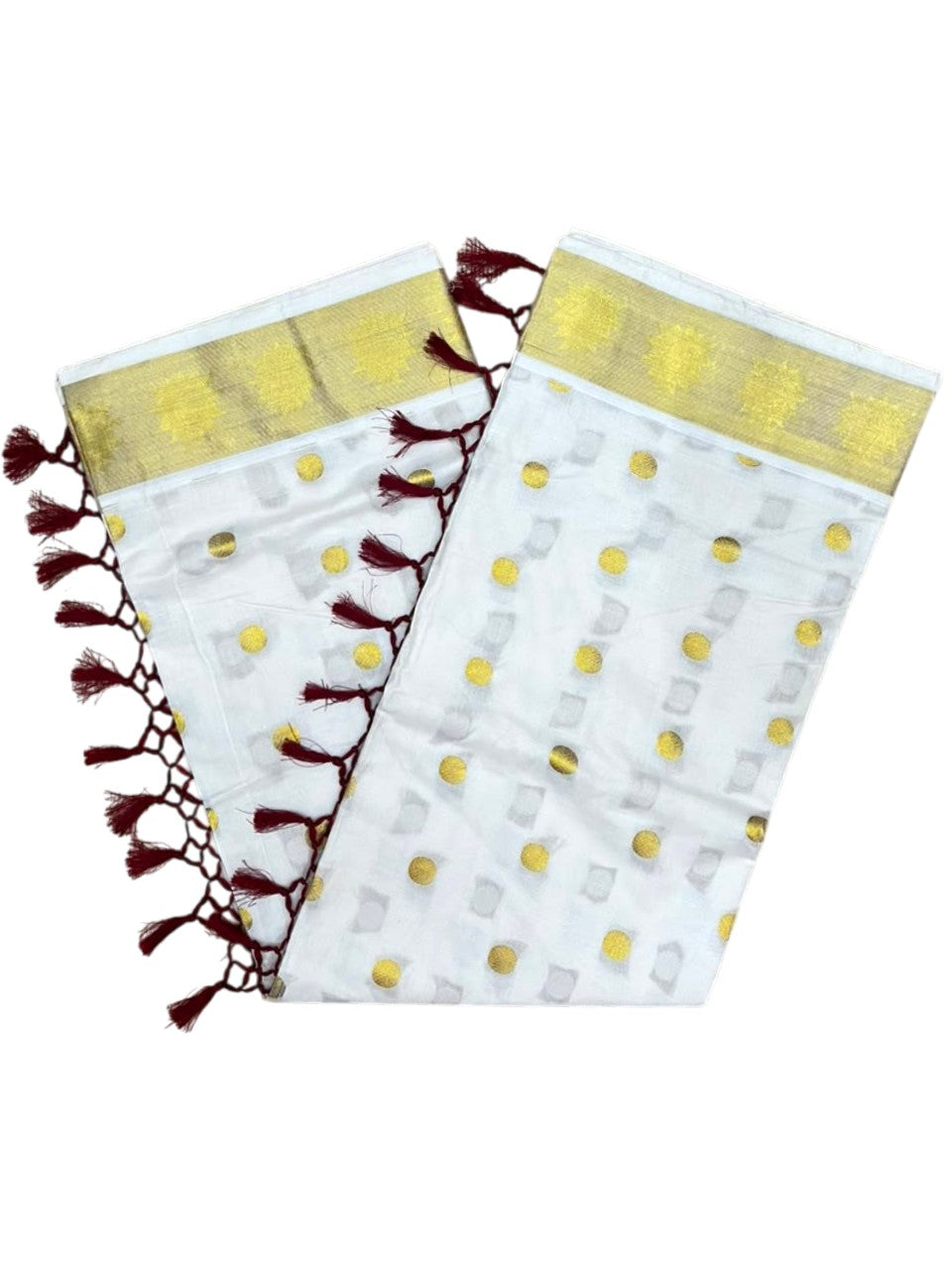 Southloom Kerala Cotton Kasavu Saree with Polka Woven Works on Body and Lotus Border with Maroon Tassels SL513
