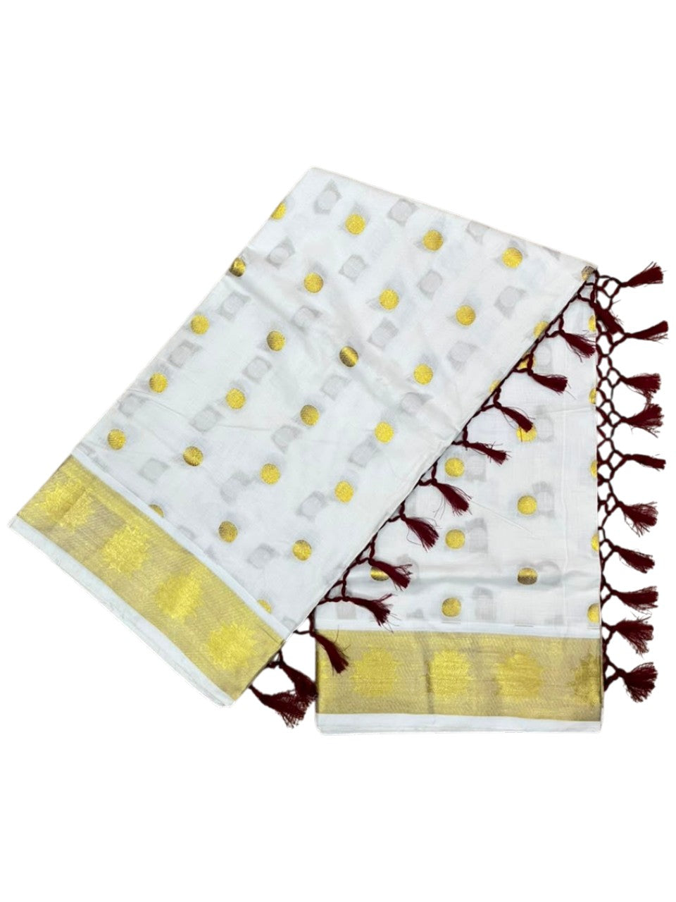 Southloom Kerala Cotton Kasavu Saree with Polka Woven Works on Body and Lotus Border with Maroon Tassels SL513