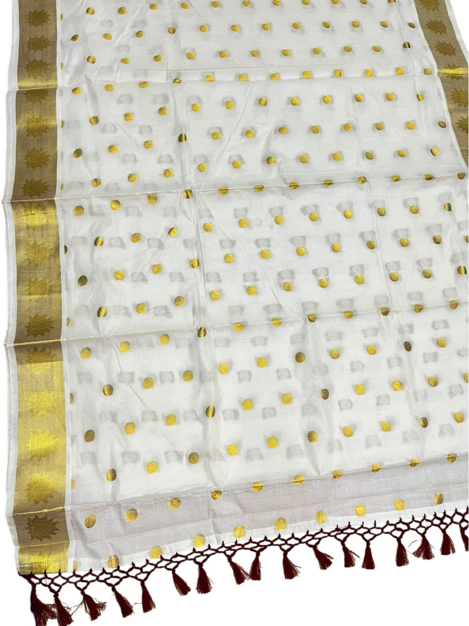 Southloom Kerala Cotton Kasavu Saree with Polka Woven Works on Body and Lotus Border with Maroon Tassels SL513