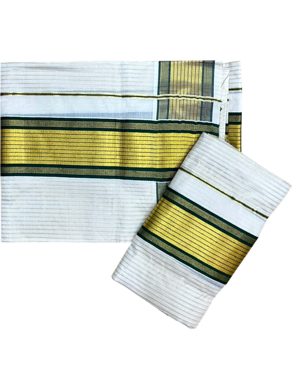 Southloom Pure Cotton Mundum Neriyathum (Set Mundu) with Gold Kasavu Lines Acorss Body & Green borders on the Kasavu  2.80 Mtrs SL515
