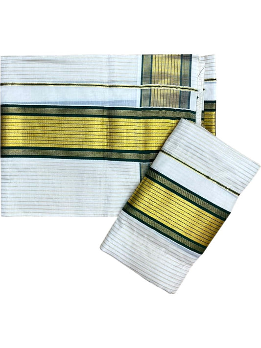 Southloom Pure Cotton Mundum Neriyathum (Set Mundu) with Gold Kasavu Lines Acorss Body & Green borders on the Kasavu  2.80 Mtrs SL515