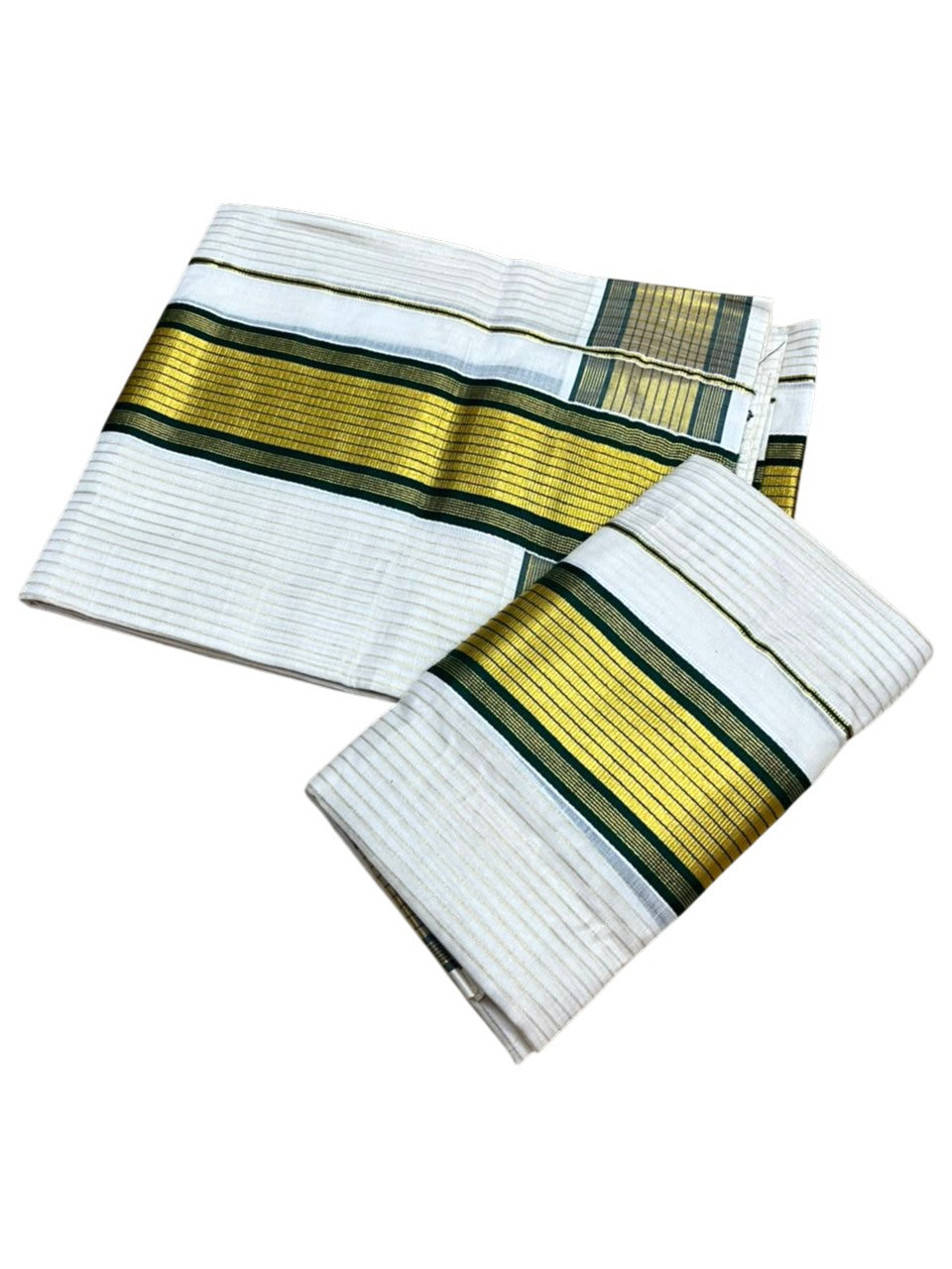 Southloom Pure Cotton Mundum Neriyathum (Set Mundu) with Gold Kasavu Lines Acorss Body & Green borders on the Kasavu  2.80 Mtrs SL515