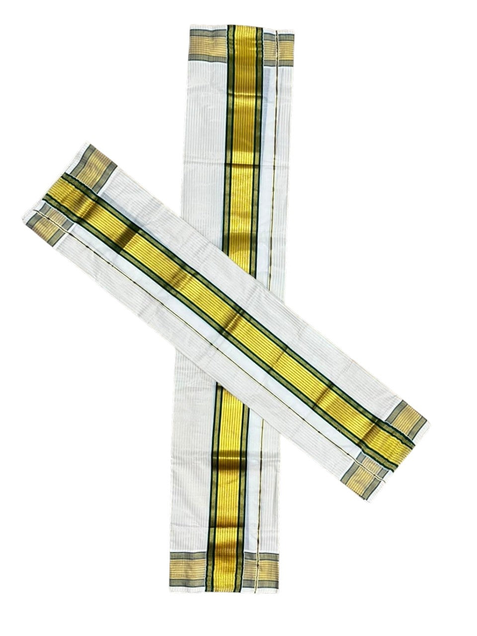 Southloom Pure Cotton Mundum Neriyathum (Set Mundu) with Gold Kasavu Lines Acorss Body & Green borders on the Kasavu  2.80 Mtrs SL515