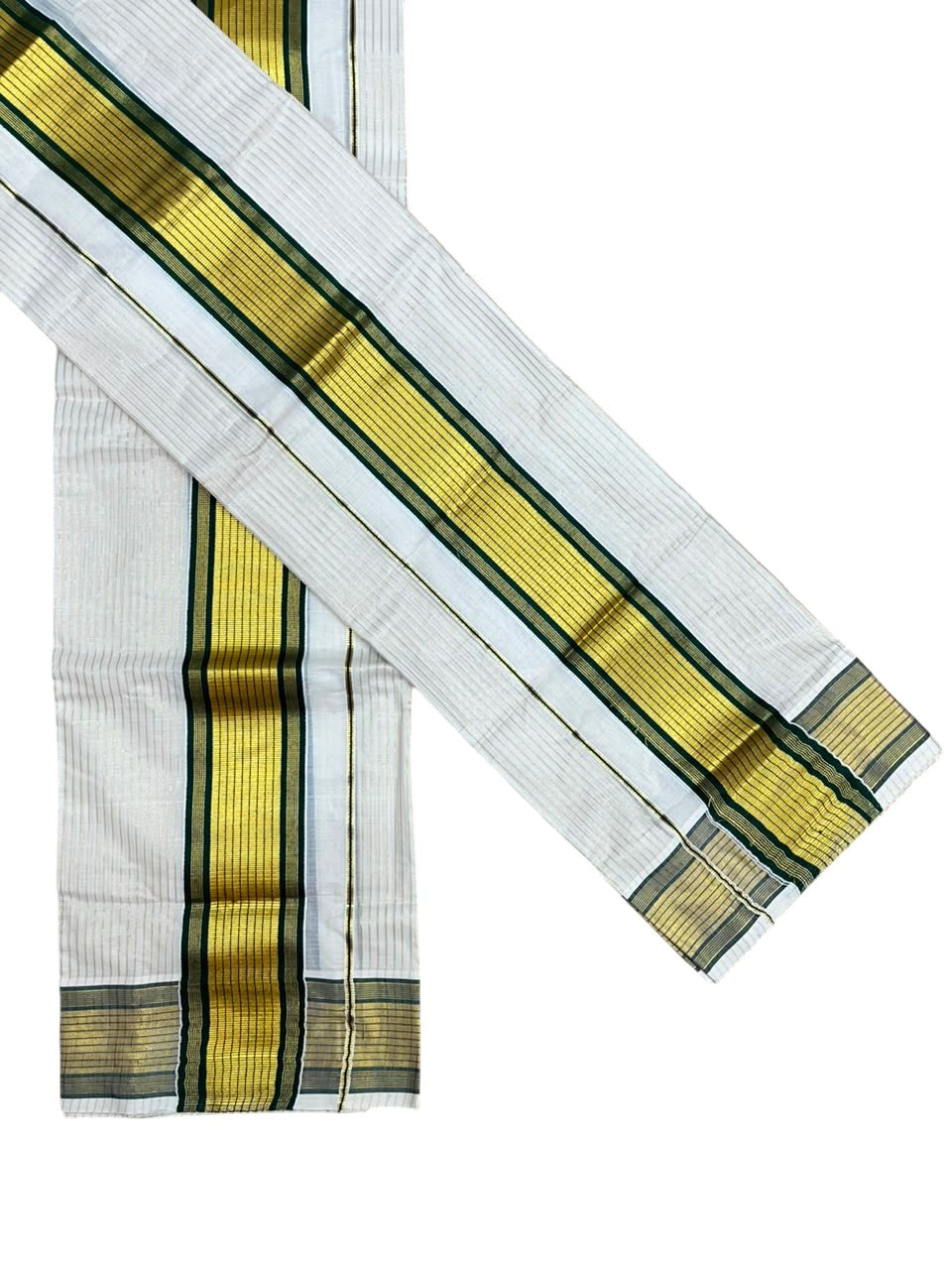 Southloom Pure Cotton Mundum Neriyathum (Set Mundu) with Gold Kasavu Lines Acorss Body & Green borders on the Kasavu  2.80 Mtrs SL515