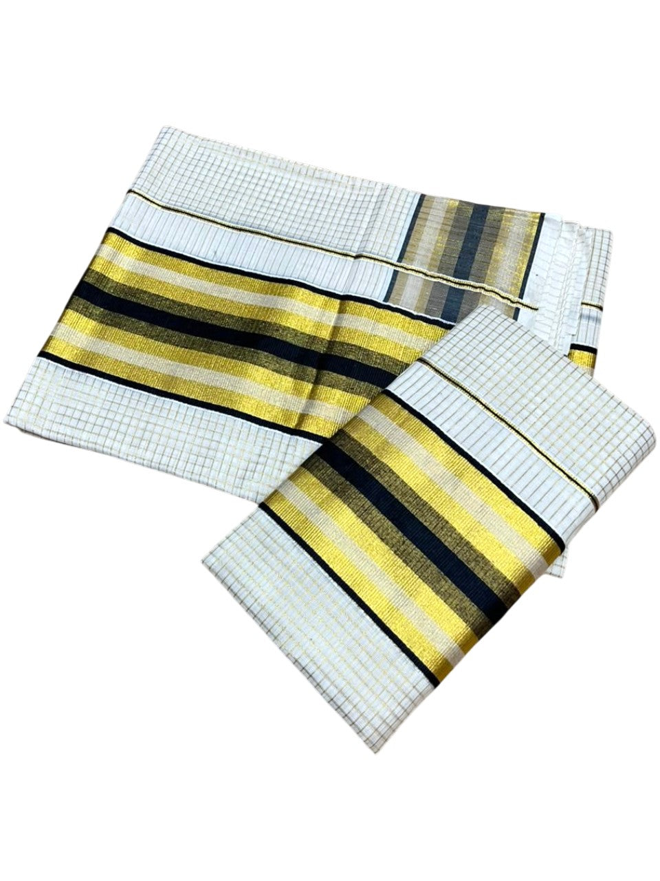 Southloom Pure Cotton Mundum Neriyathum (Set Mundu) with Gold Kasavu Check Acorss Body & Green Borders on the Kasavu  2.80 Mtrs SL517