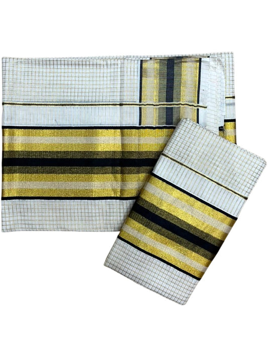 Southloom Pure Cotton Mundum Neriyathum (Set Mundu) with Gold Kasavu Check Acorss Body & Green Borders on the Kasavu  2.80 Mtrs SL517