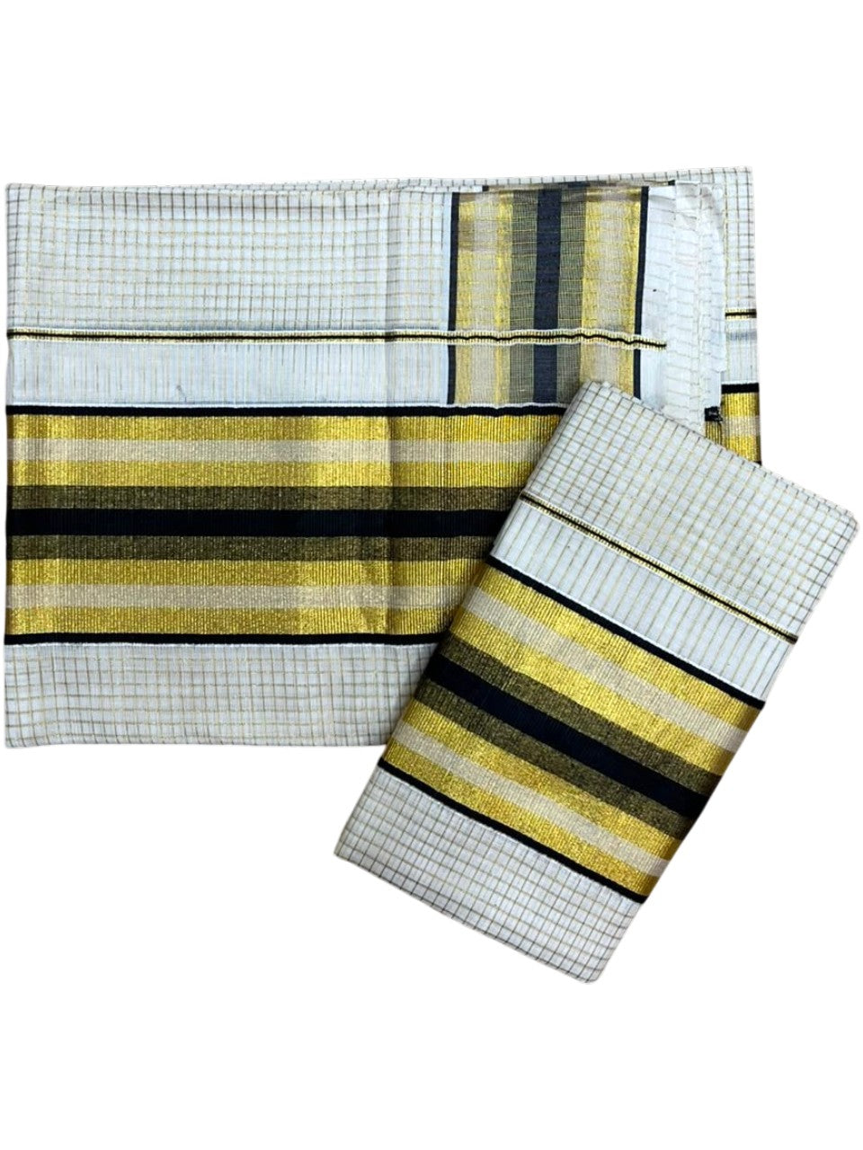 Southloom Pure Cotton Mundum Neriyathum (Set Mundu) with Gold Kasavu Check Acorss Body & Black Borders on the Kasavu  2.80 Mtrs SL517