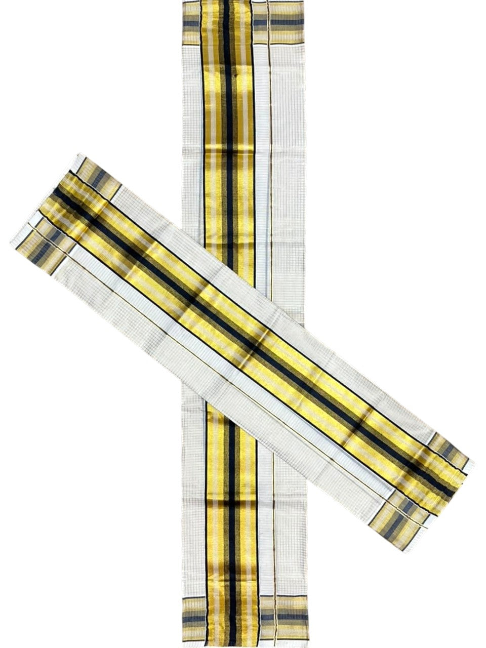 Southloom Pure Cotton Mundum Neriyathum (Set Mundu) with Gold Kasavu Check Acorss Body & Green Borders on the Kasavu  2.80 Mtrs SL517
