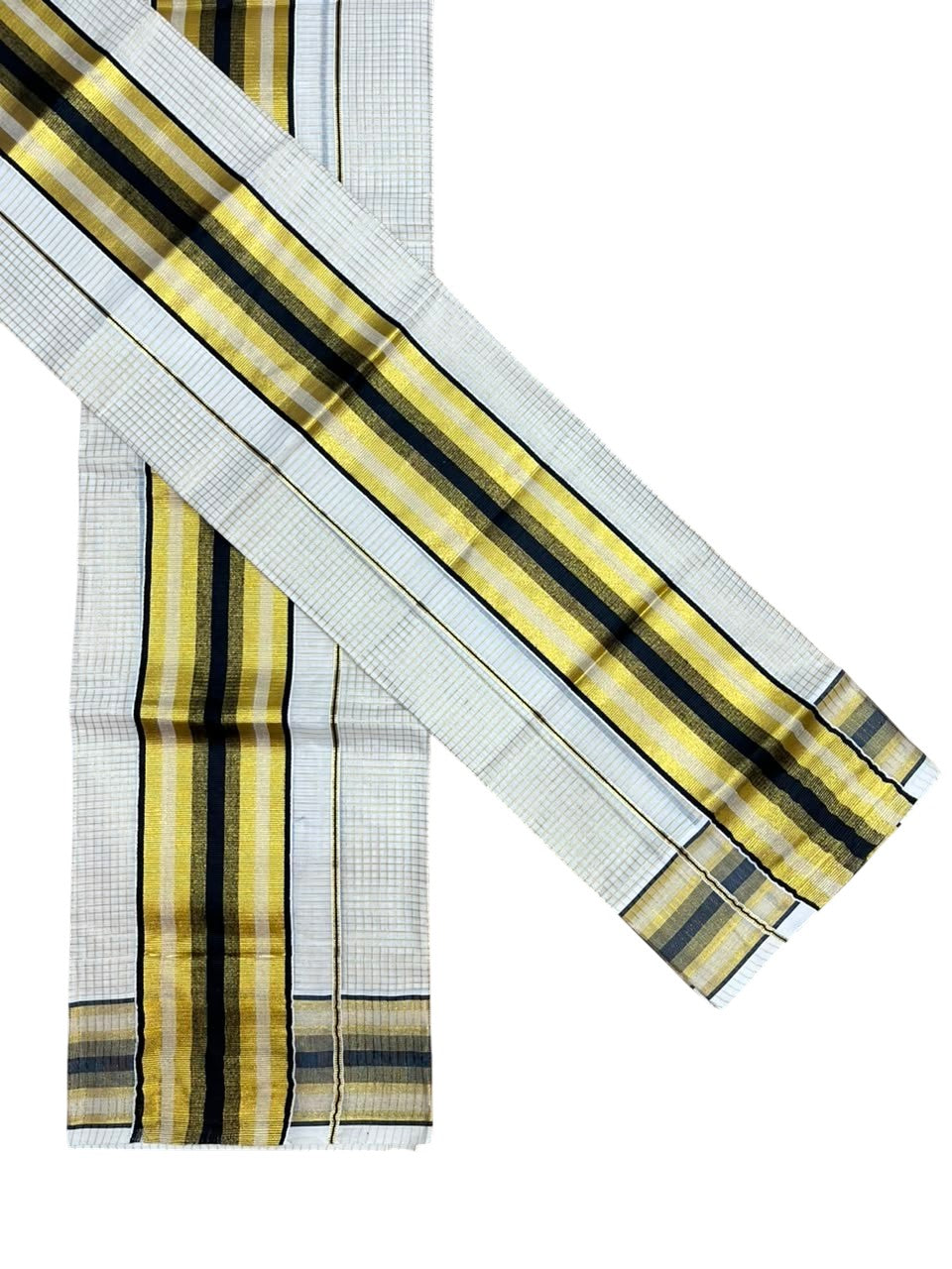 Southloom Pure Cotton Mundum Neriyathum (Set Mundu) with Gold Kasavu Check Acorss Body & Black Borders on the Kasavu  2.80 Mtrs SL517