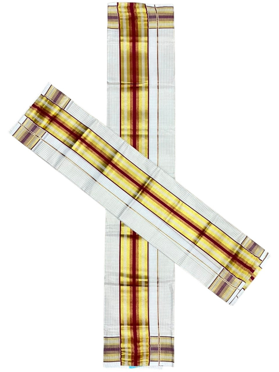 Southloom Pure Cotton Mundum Neriyathum (Set Mundu) with Gold Kasavu Check Acorss Body & Maroon Borders on the Kasavu  2.80 Mtrs SL517