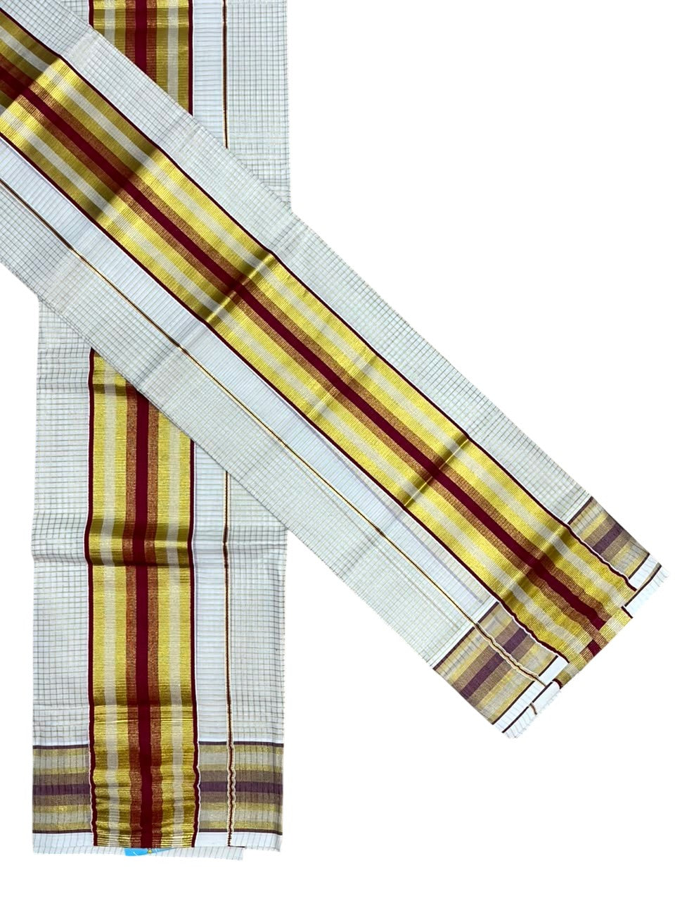 Southloom Pure Cotton Mundum Neriyathum (Set Mundu) with Gold Kasavu Check Acorss Body & Maroon Borders on the Kasavu  2.80 Mtrs SL517