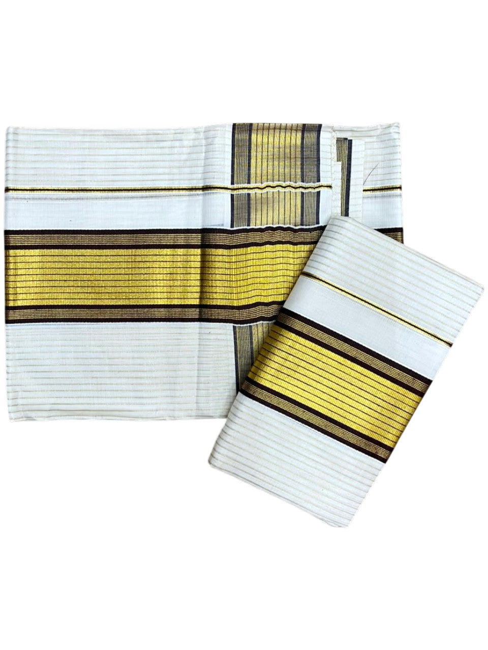 Southloom Pure Cotton Mundum Neriyathum (Set Mundu) with Gold Kasavu Lines Acorss Body & Brown Borders on the Kasavu  2.80 Mtrs SL515