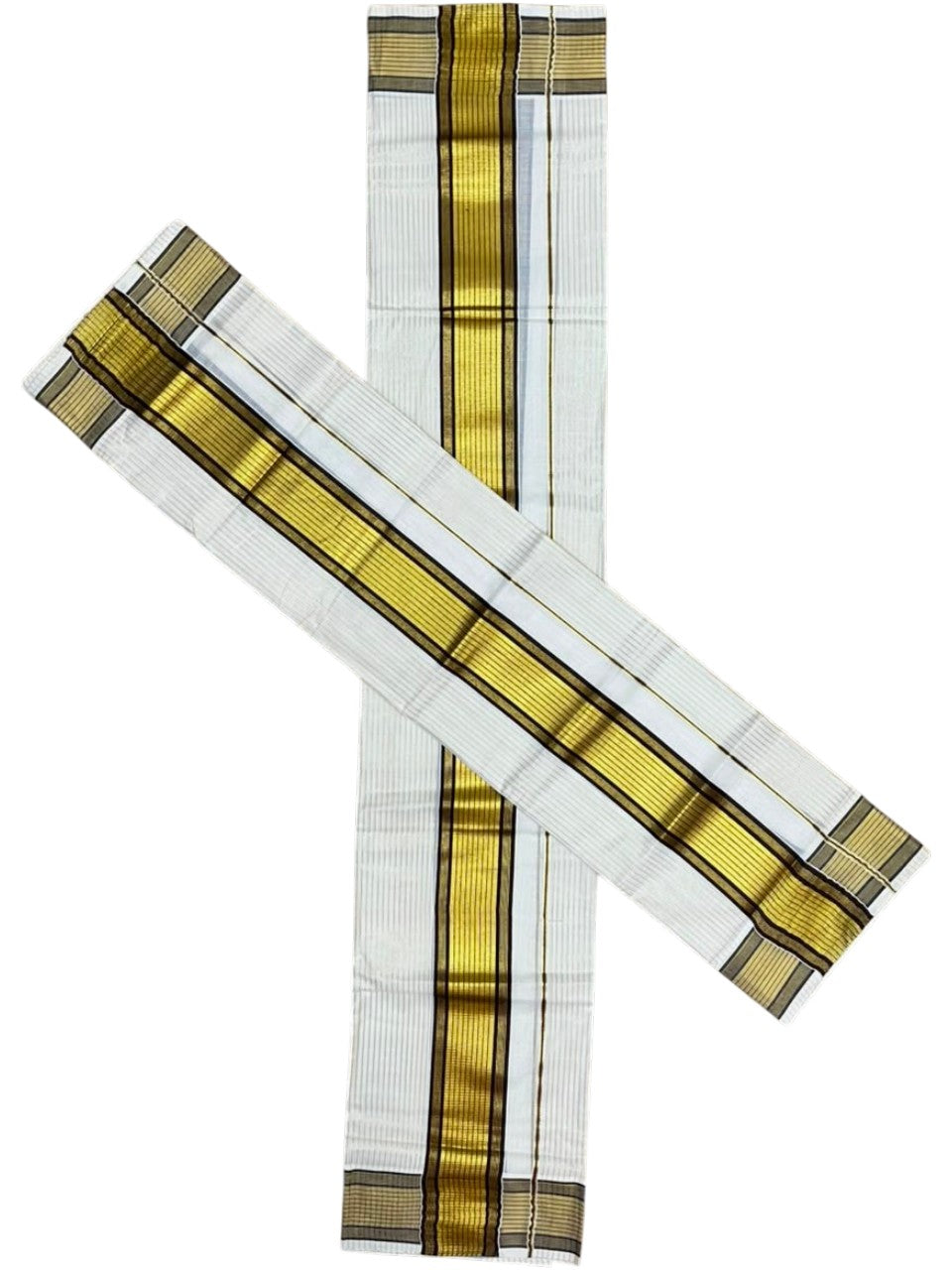 Southloom Pure Cotton Mundum Neriyathum (Set Mundu) with Gold Kasavu Lines Acorss Body & Brown Borders on the Kasavu  2.80 Mtrs SL515