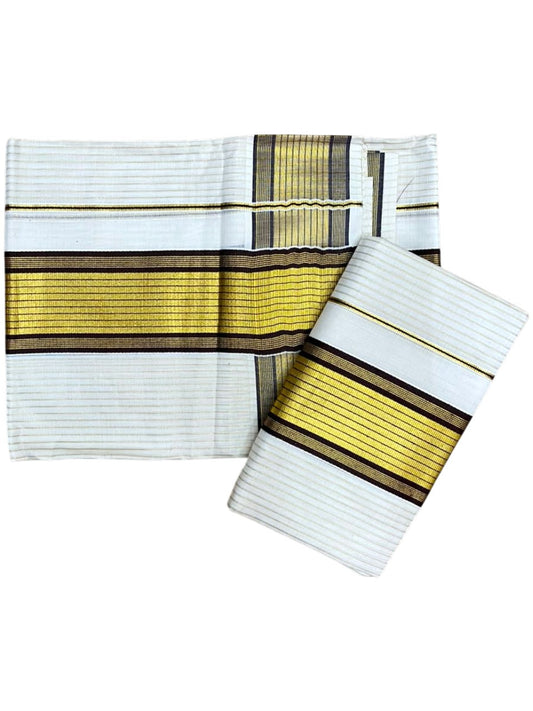 Southloom Pure Cotton Mundum Neriyathum (Set Mundu) with Gold Kasavu Lines Acorss Body & Brown Borders on the Kasavu  2.80 Mtrs SL515